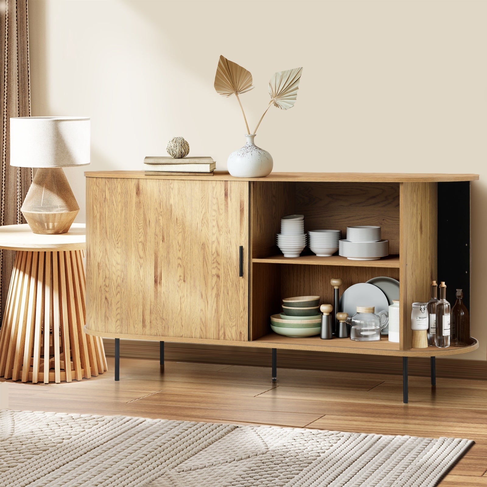 Oikiture Buffet Sideboard Cupboard Sliding Doors Pantry Storage Cabinet Natural - Sunyee