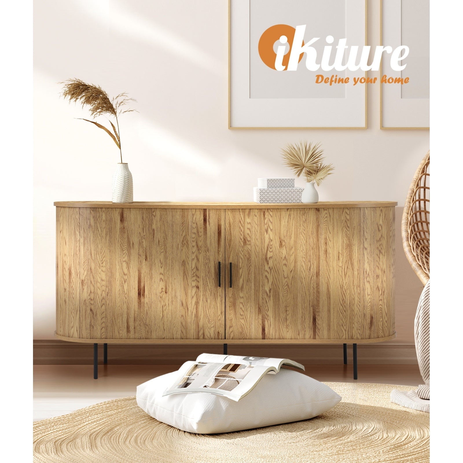 Oikiture Buffet Sideboard Cupboard Sliding Doors Pantry Storage Cabinet Natural - Sunyee