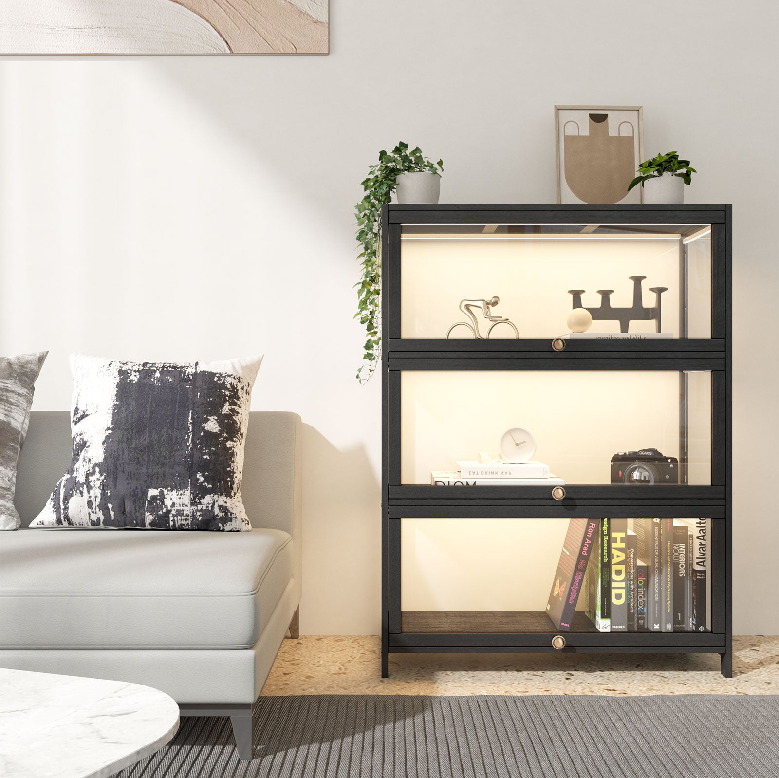 Oikiture Display Cabinet Storage 3-Tier Shelves Clear Bookcase Stand Rack Black - Sunyee