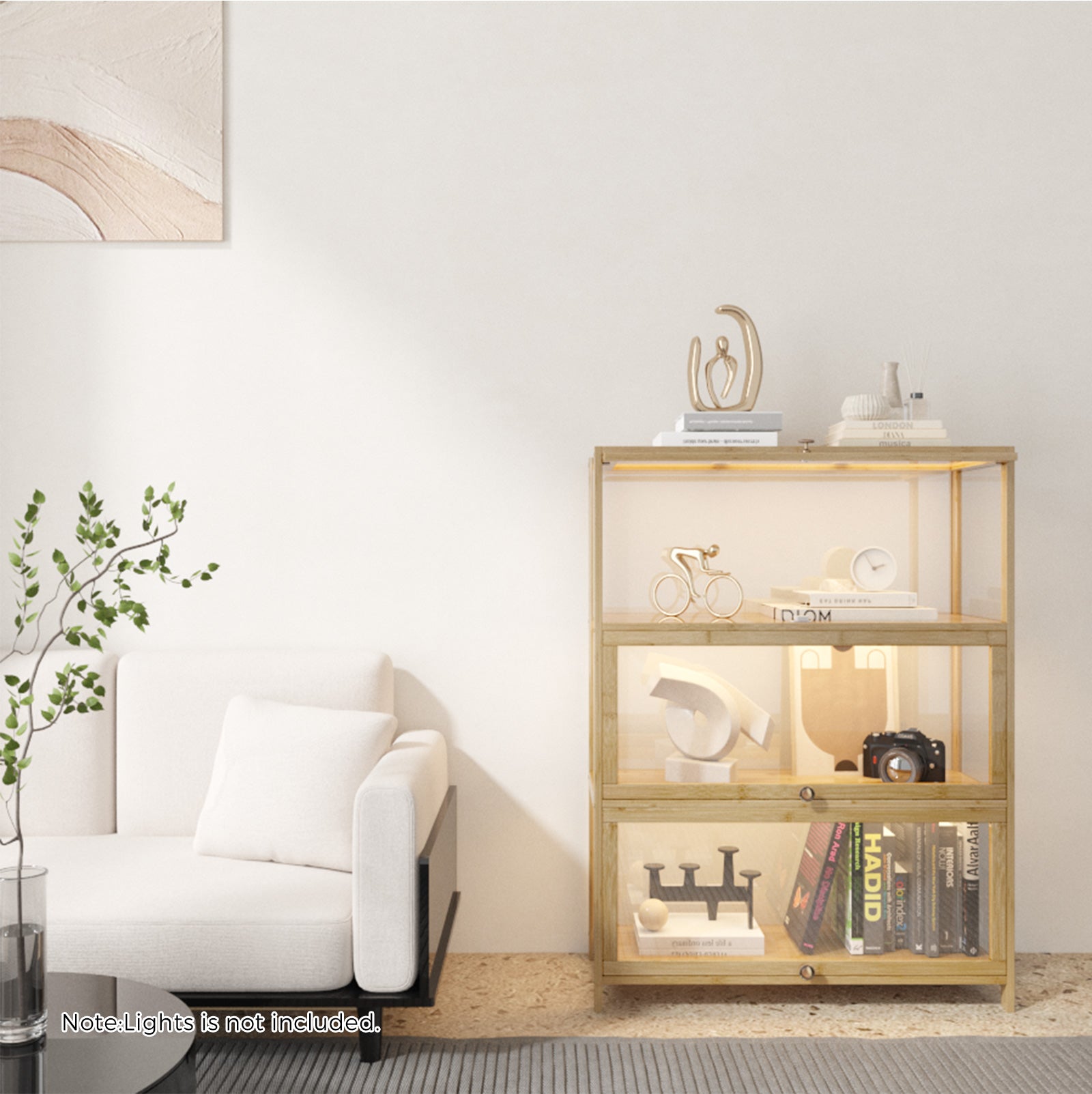 Oikiture Display Cabinet Storage 3-Tier Shelves Clear Bookcase Stand Rack Oak - Sunyee