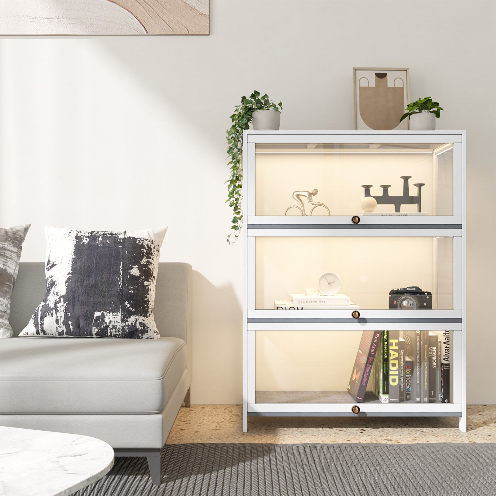 Oikiture Display Cabinet With Bamboo Frame Acrylic Board 3 shelves White - Sunyee