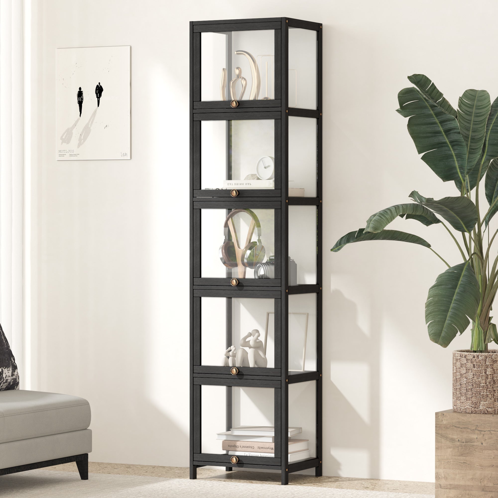 Oikiture Display Cabinet Slim Storage 5-Tier Shelves Clear Bookcase Rack Black - Sunyee
