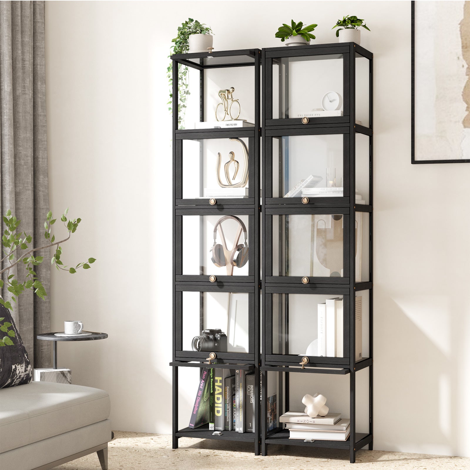 Oikiture Display Cabinet Slim Storage 5-Tier Shelves Clear Bookcase Rack Black - Sunyee