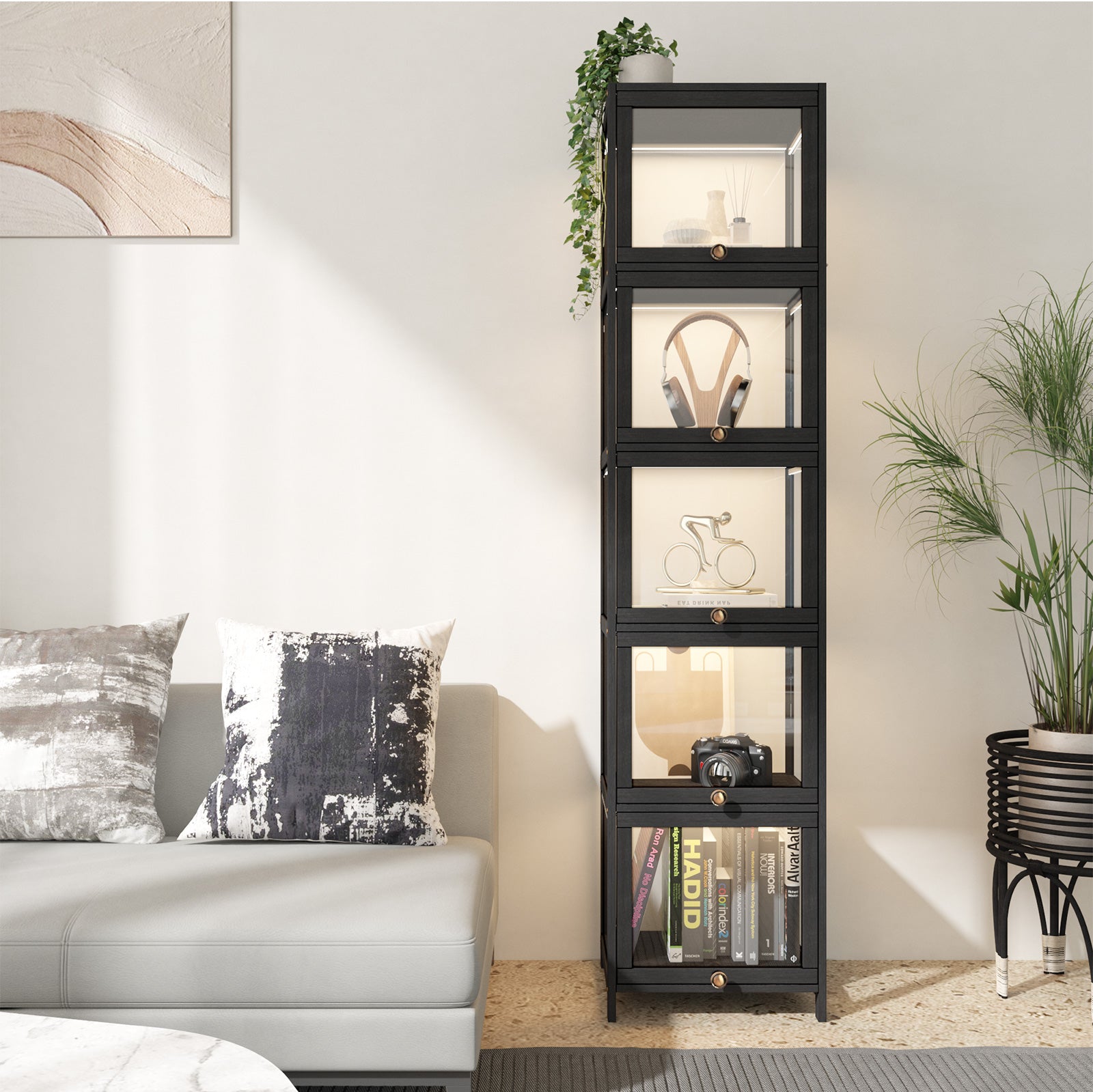 Oikiture Display Cabinet Slim Storage 5-Tier Shelves Clear Bookcase Rack Black - Sunyee