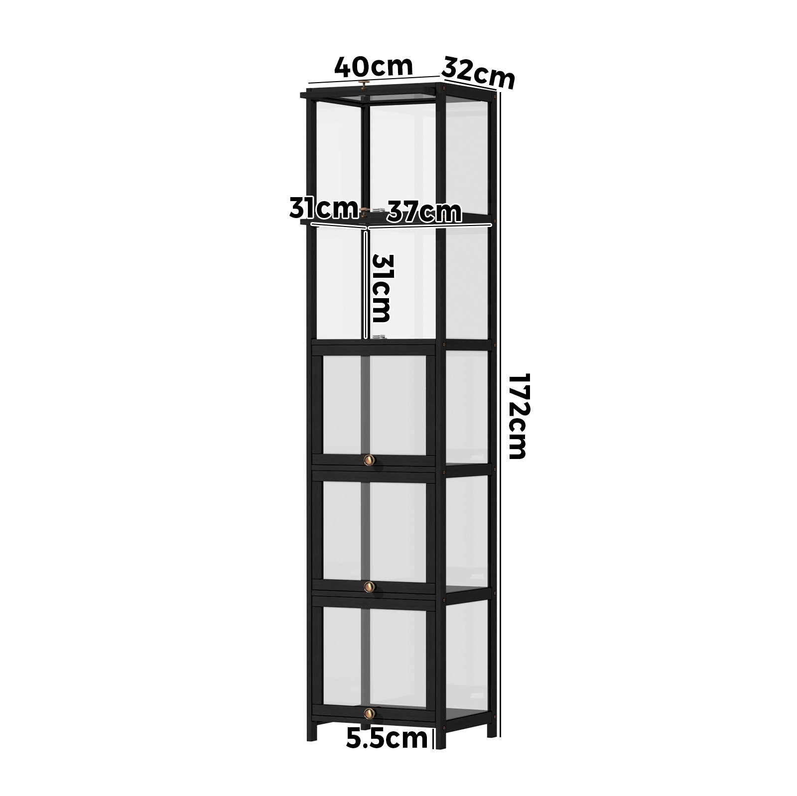 Oikiture Display Cabinet Slim Storage 5-Tier Shelves Clear Bookcase Rack Black - Sunyee