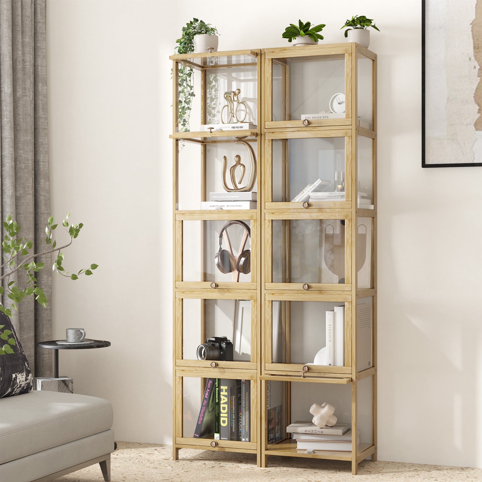 Oikiture Display Cabinet Slim Storage 5-Tier Shelves Clear Bookcase Rack Oak - Sunyee