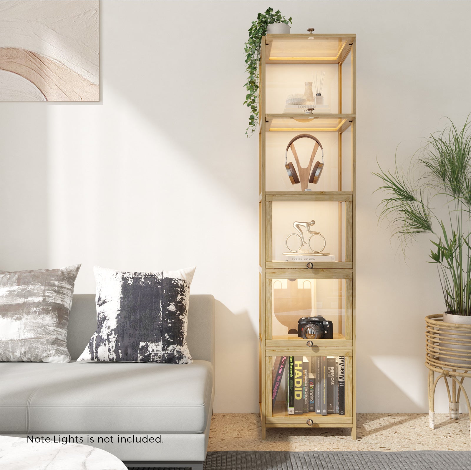 Oikiture Display Cabinet Slim Storage 5-Tier Shelves Clear Bookcase Rack Oak - Sunyee