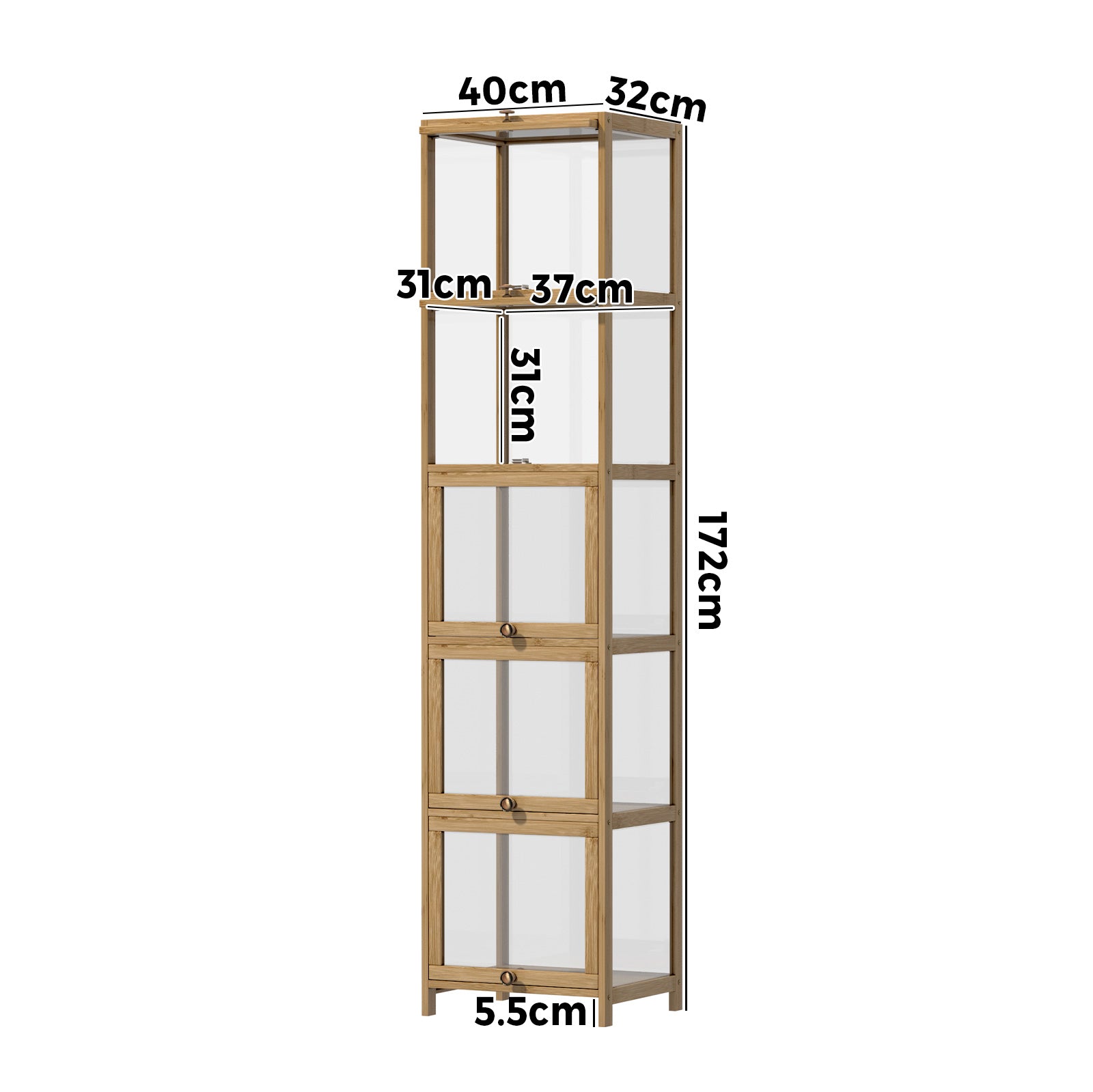 Oikiture Display Cabinet Slim Storage 5-Tier Shelves Clear Bookcase Rack Oak - Sunyee