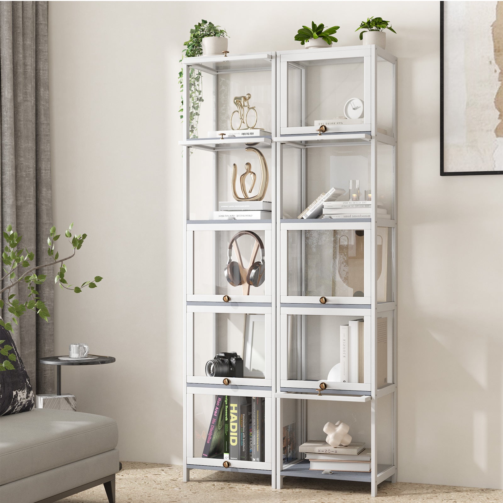 Oikiture Display Cabinet Slim Storage 5-Tier Shelves Clear Bookcase Rack White - Sunyee
