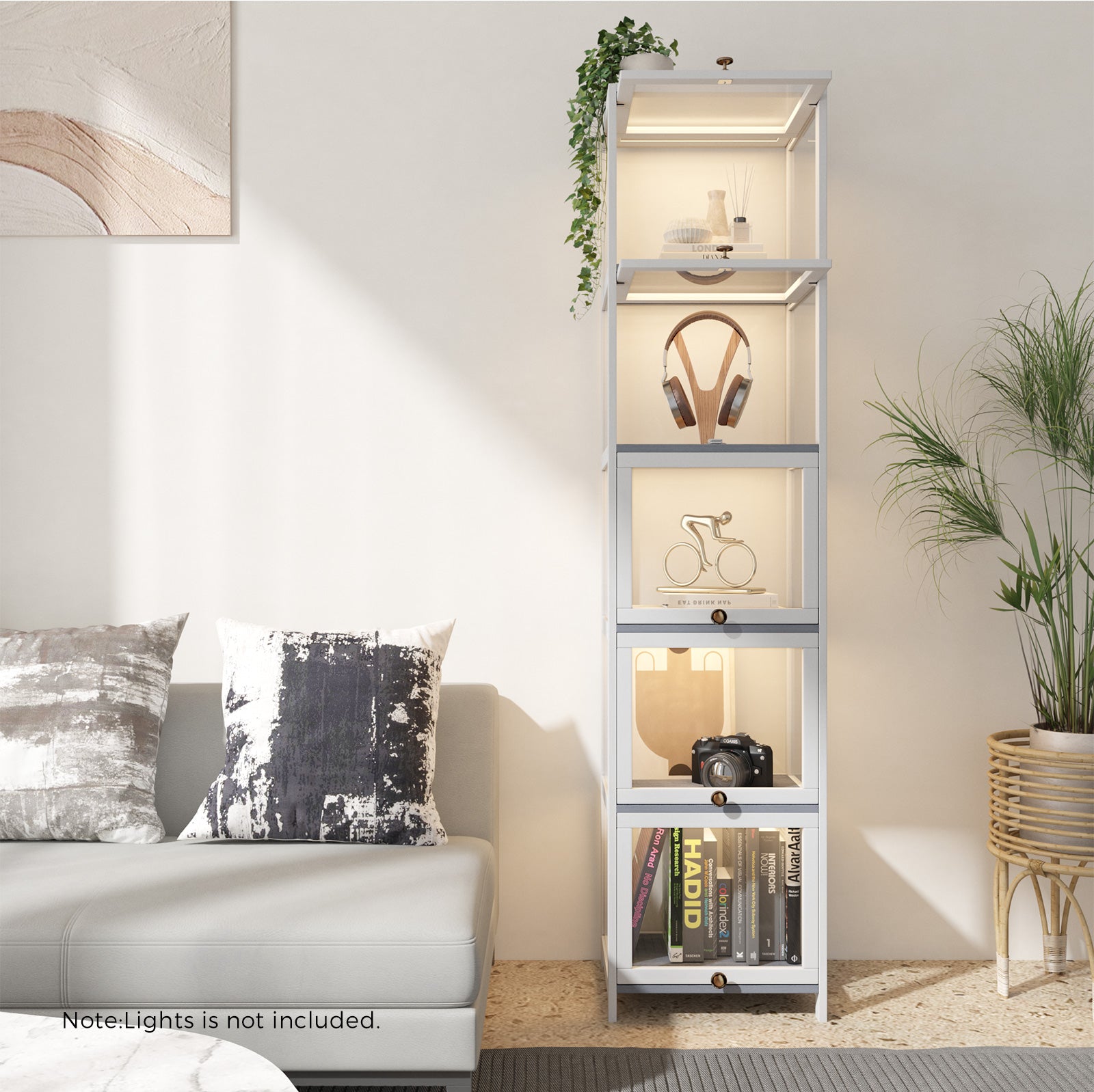 Oikiture Display Cabinet Slim Storage 5-Tier Shelves Clear Bookcase Rack White - Sunyee