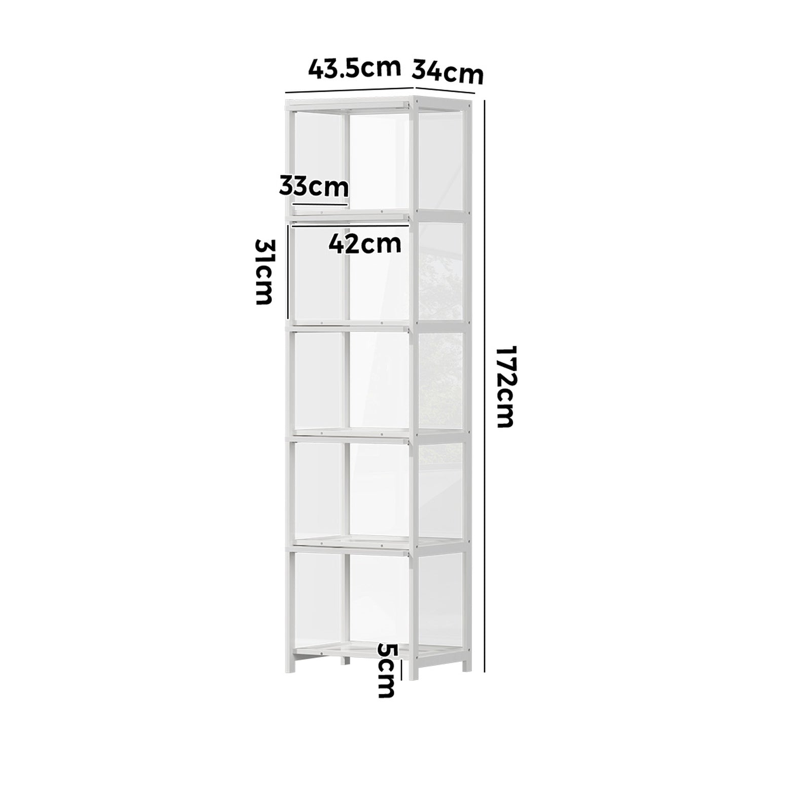 Oikiture Display Cabinet Storage 5-Tier Shelves Bookcase Clear Stand Rack White