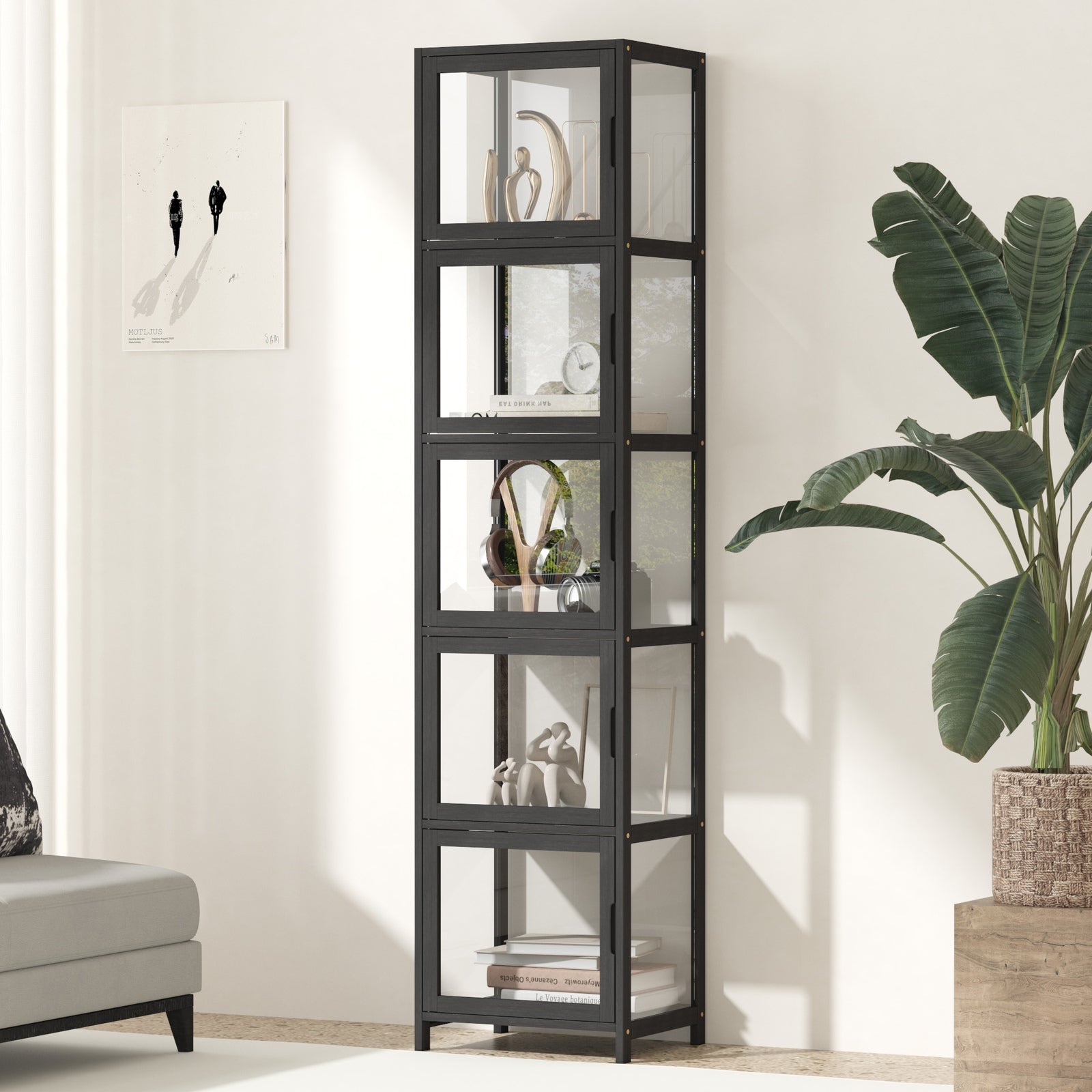 Oikiture Display Cabinet 5-Tier Slim Storage Shelves Clear Bookcase Rack Black - Sunyee