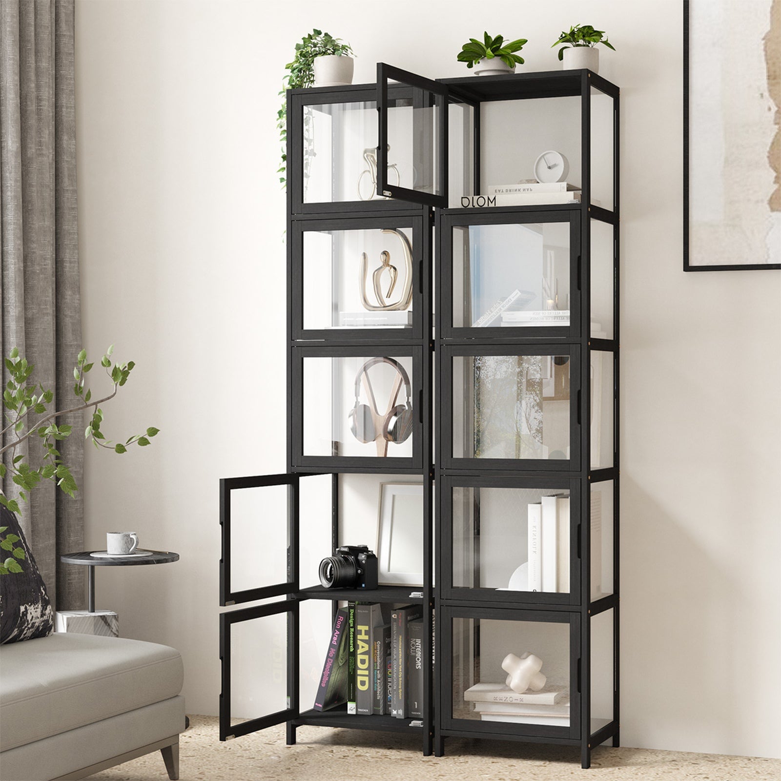 Oikiture Display Cabinet 5-Tier Slim Storage Shelves Clear Bookcase Rack Black - Sunyee