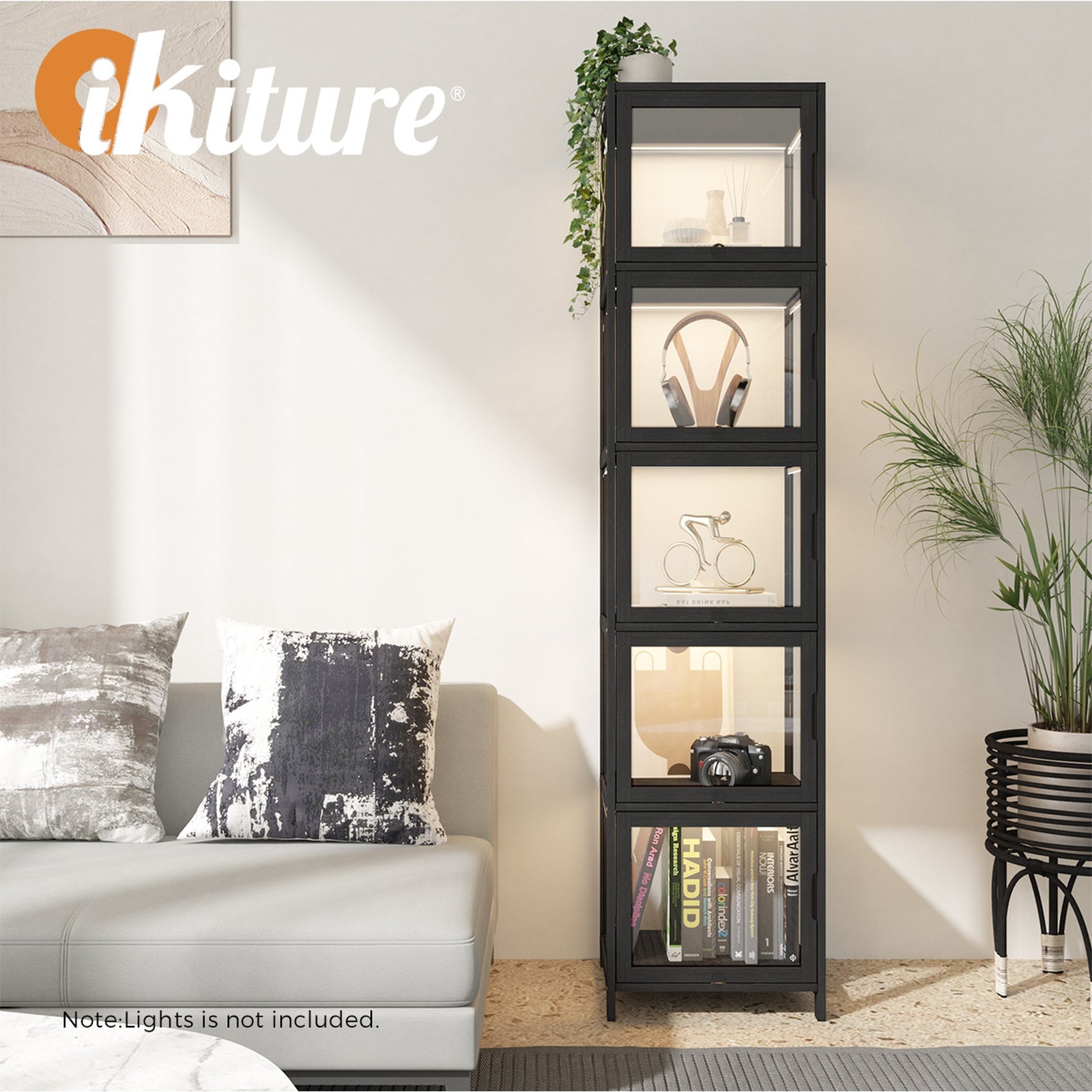 Oikiture Display Cabinet 5-Tier Slim Storage Shelves Clear Bookcase Rack Black - Sunyee