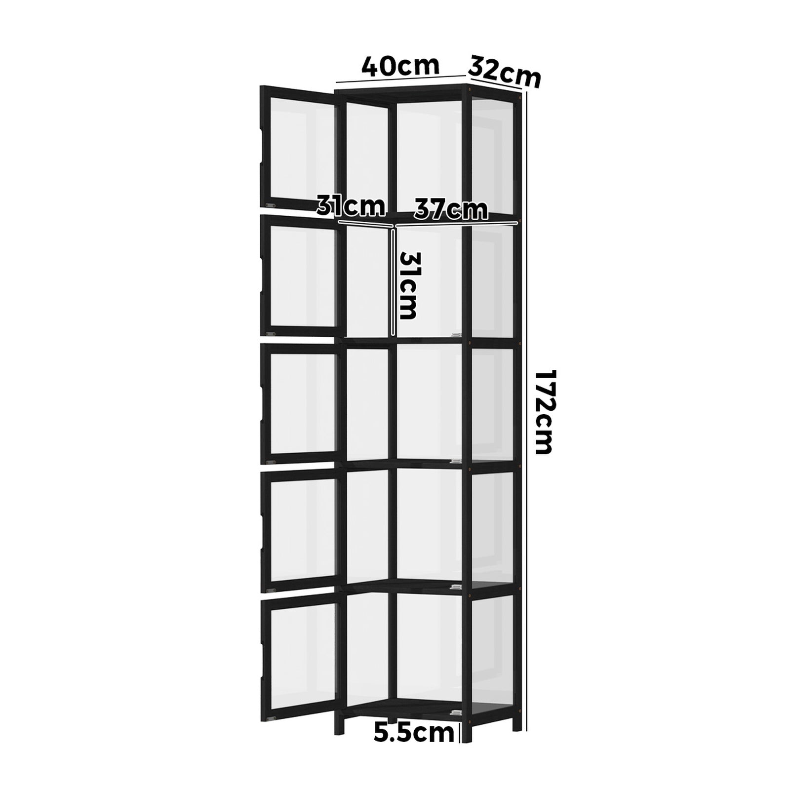 Oikiture Display Cabinet 5-Tier Slim Storage Shelves Clear Bookcase Rack Black - Sunyee