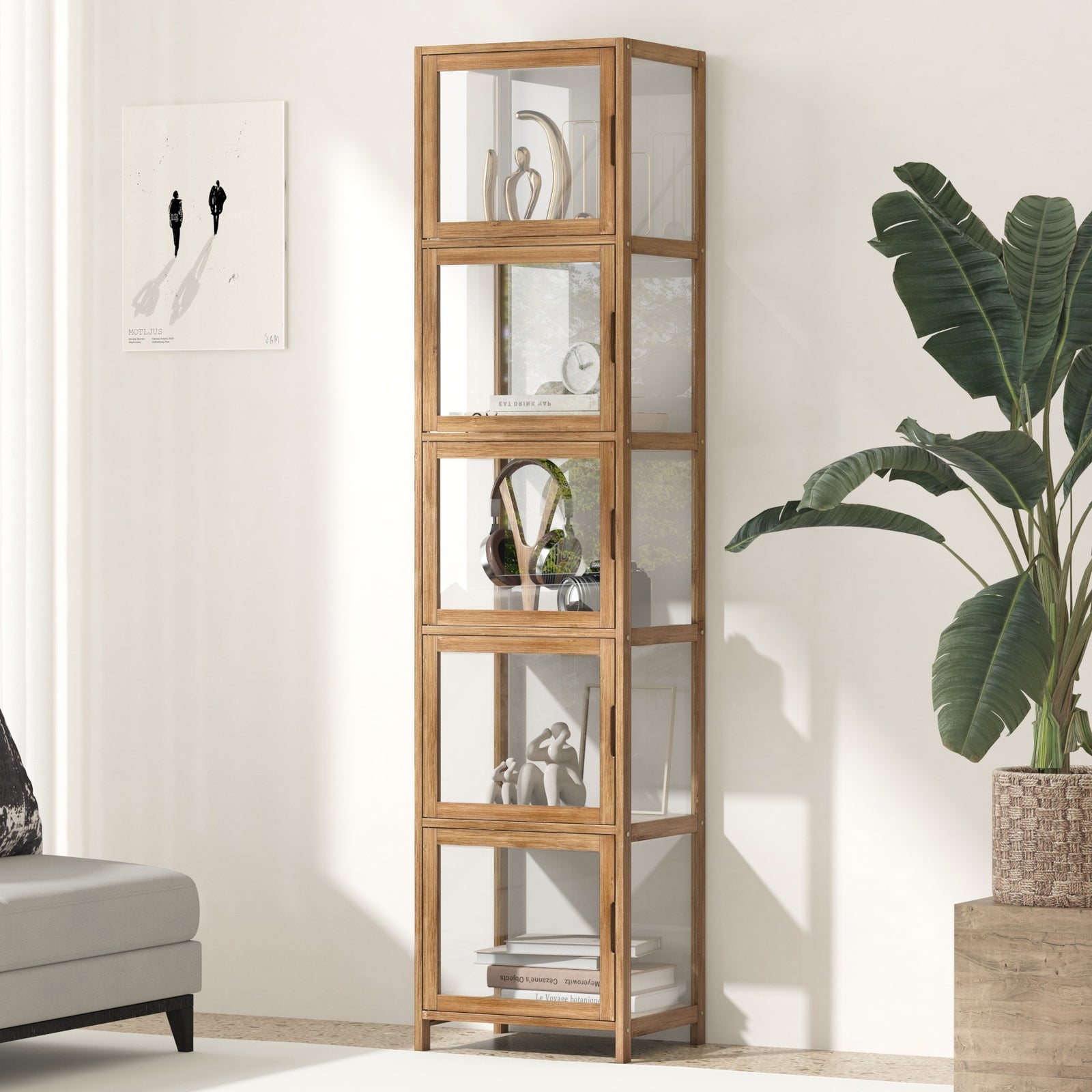 Oikiture Display Cabinet 5-Tier Slim Storage Shelves Clear Bookcase Rack Brown - Sunyee