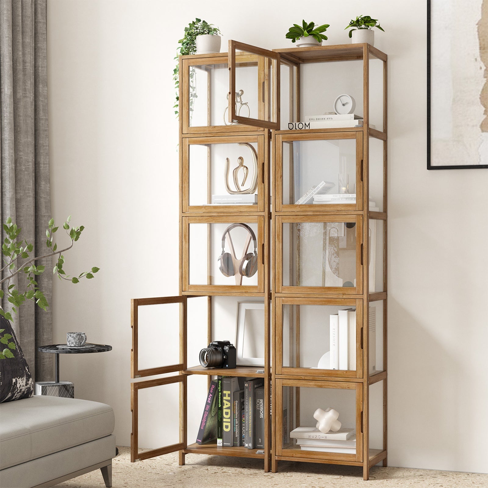 Oikiture Display Cabinet 5-Tier Slim Storage Shelves Clear Bookcase Rack Brown - Sunyee