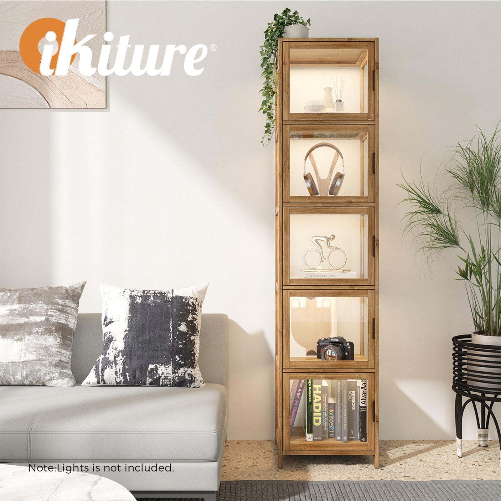 Oikiture Display Cabinet 5-Tier Slim Storage Shelves Clear Bookcase Rack Brown - Sunyee
