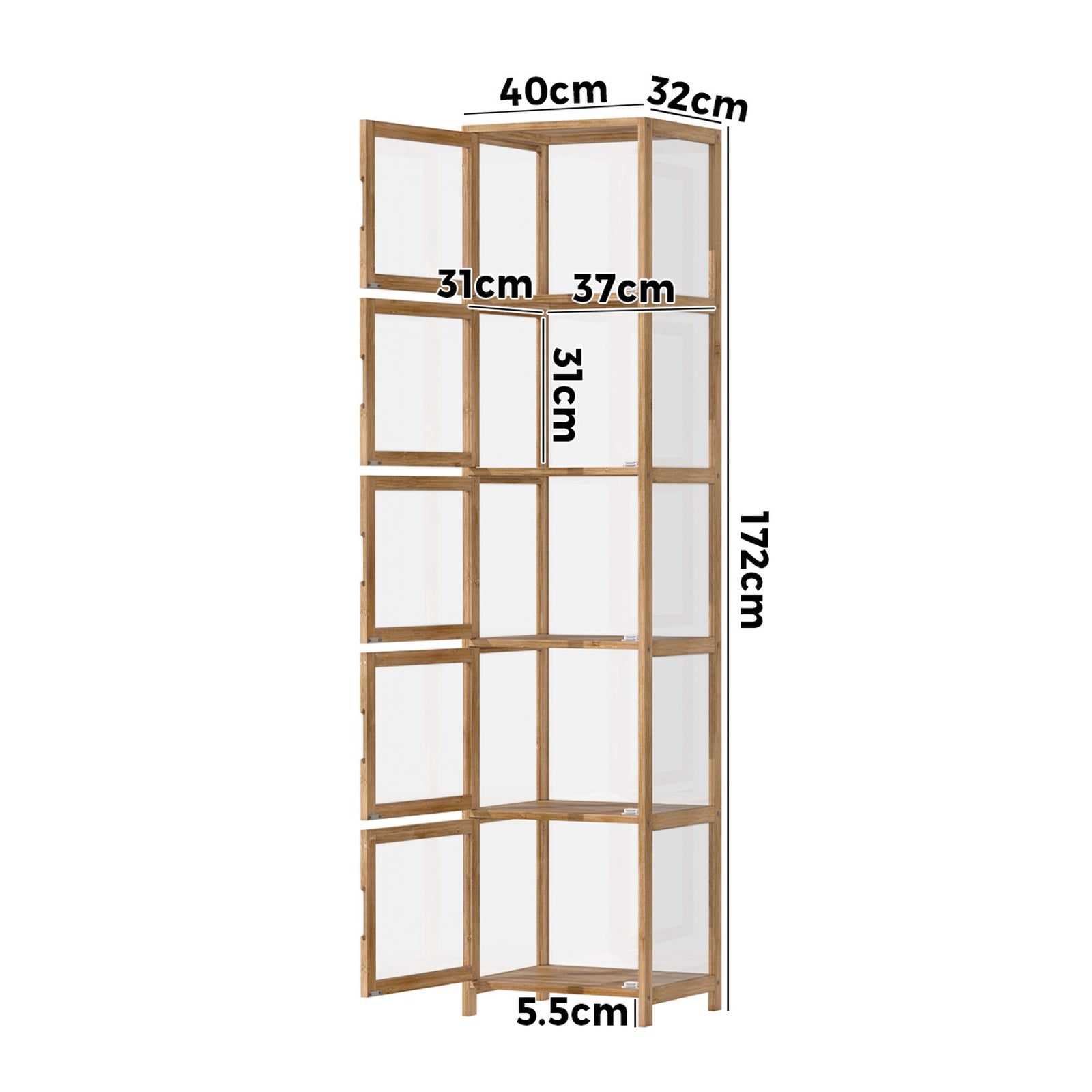 Oikiture Display Cabinet 5-Tier Slim Storage Shelves Clear Bookcase Rack Brown - Sunyee