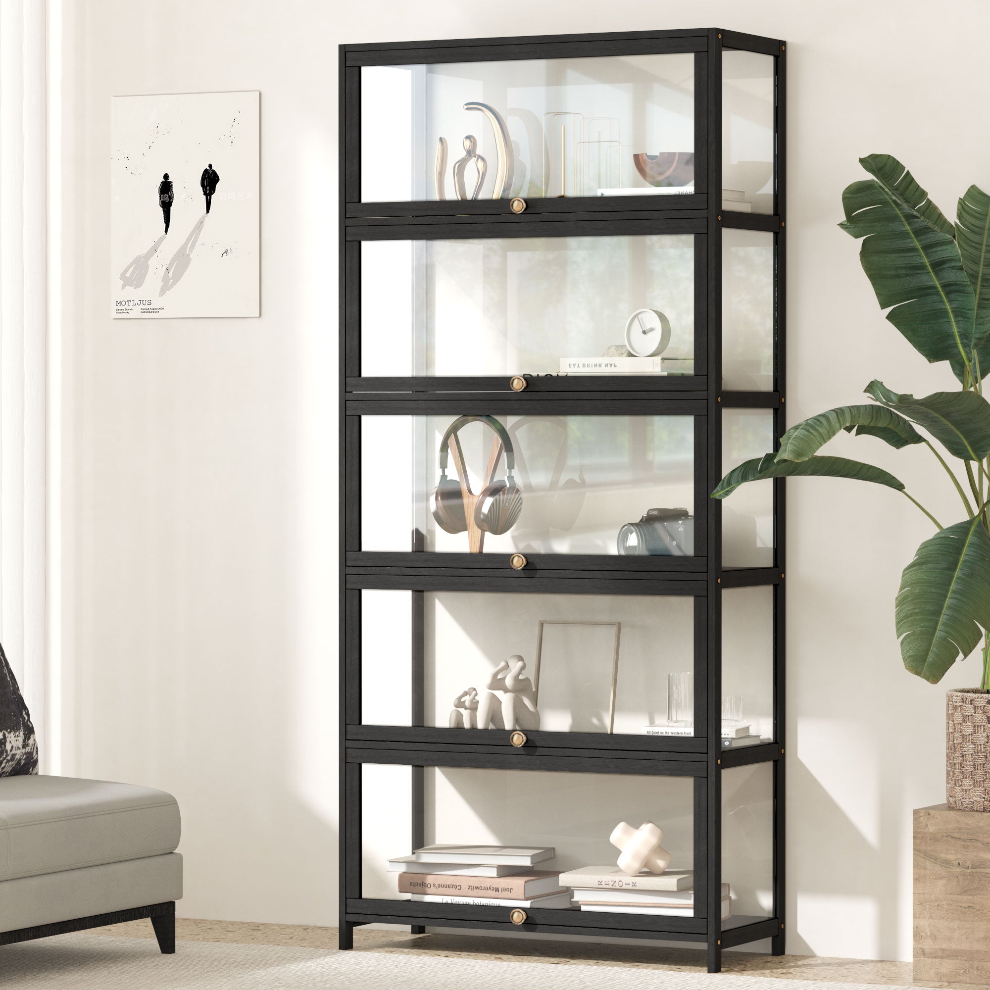 Oikiture Display Cabinet Storage 5-Tier Shelves Clear Bookcase Stand Rack Black - Sunyee