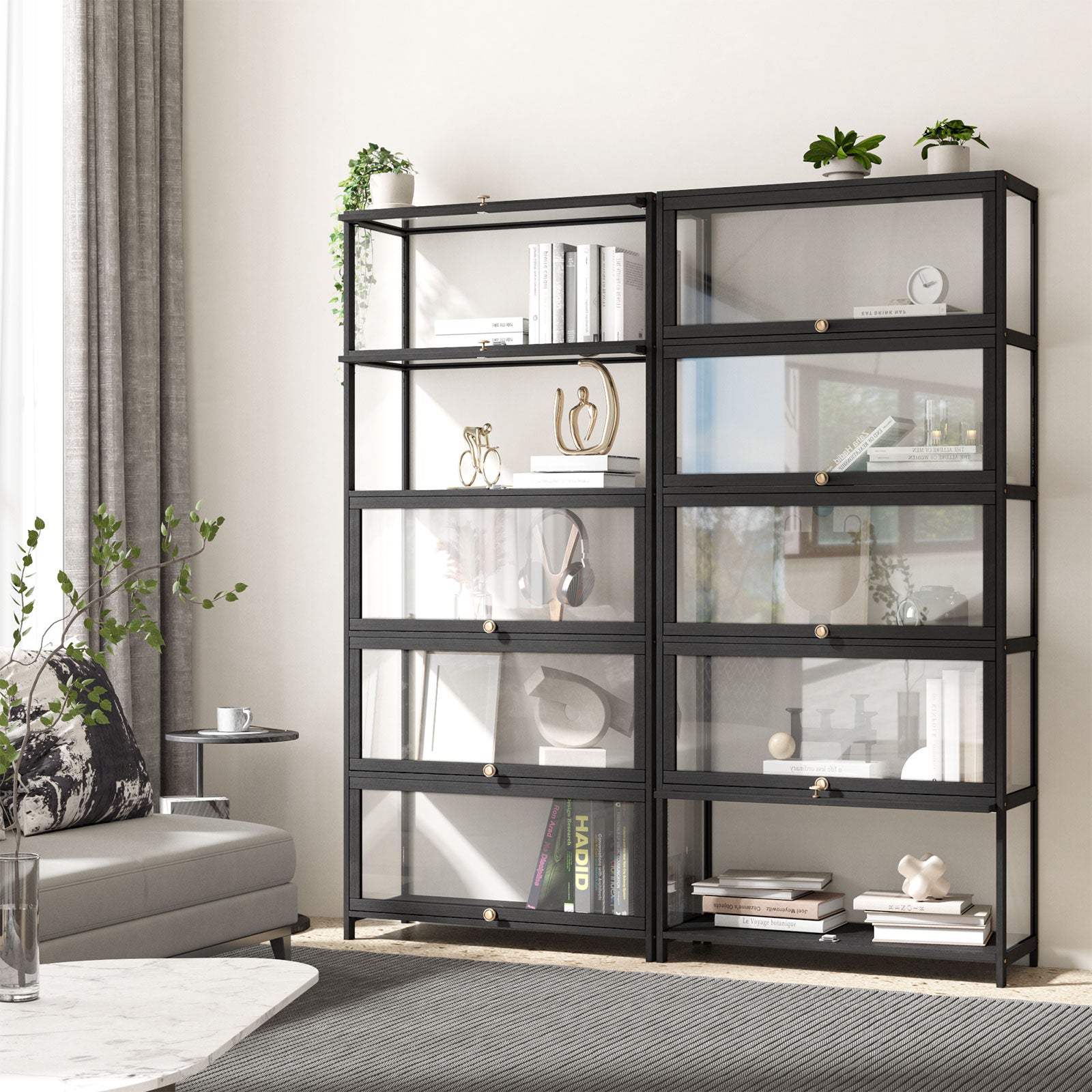 Oikiture Display Cabinet Storage 5-Tier Shelves Clear Bookcase Stand Rack Black - Sunyee