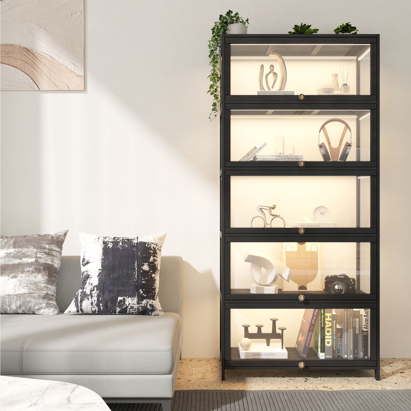 Oikiture Display Cabinet Storage 5-Tier Shelves Clear Bookcase Stand Rack Black - Sunyee