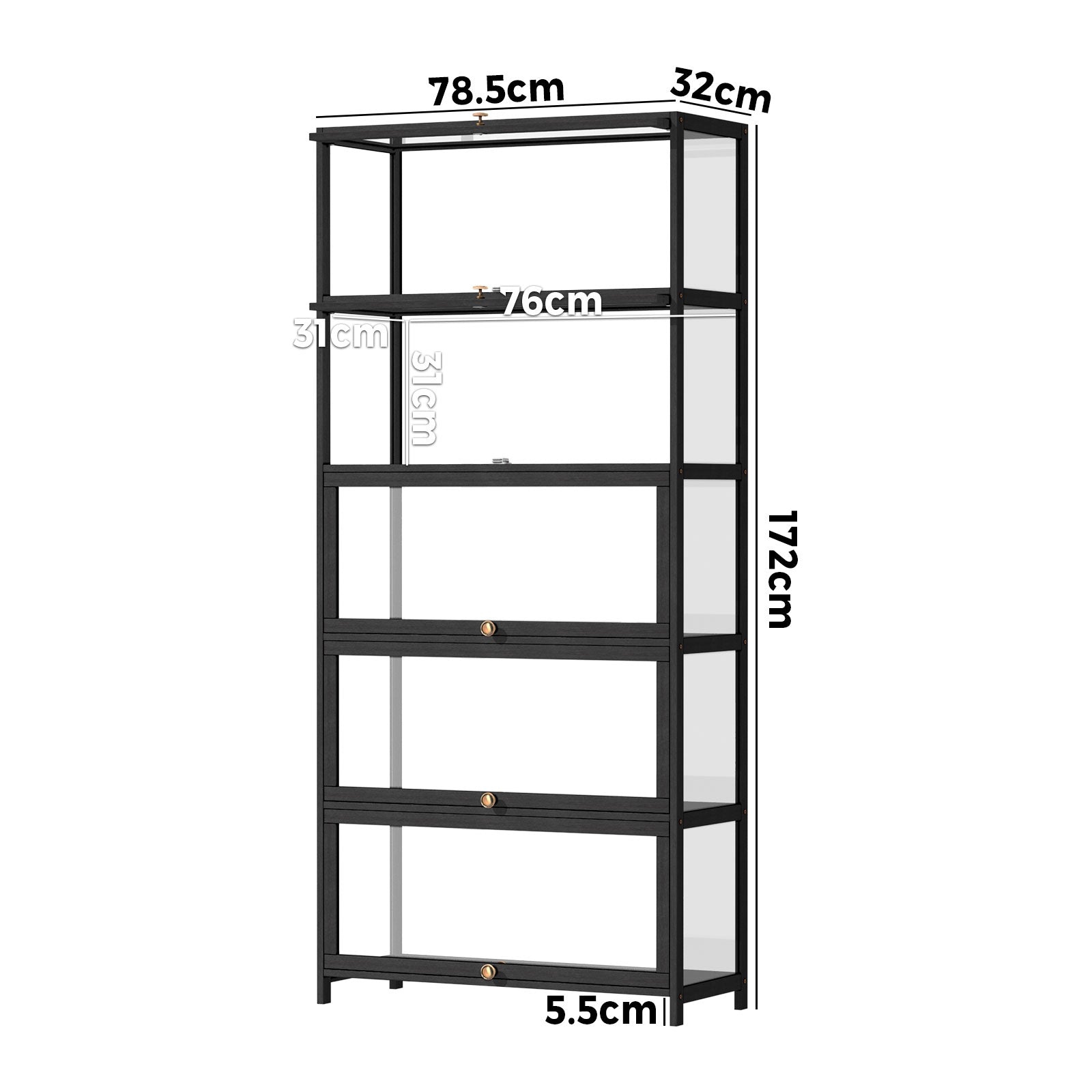 Oikiture Display Cabinet Storage 5-Tier Shelves Clear Bookcase Stand Rack Black - Sunyee