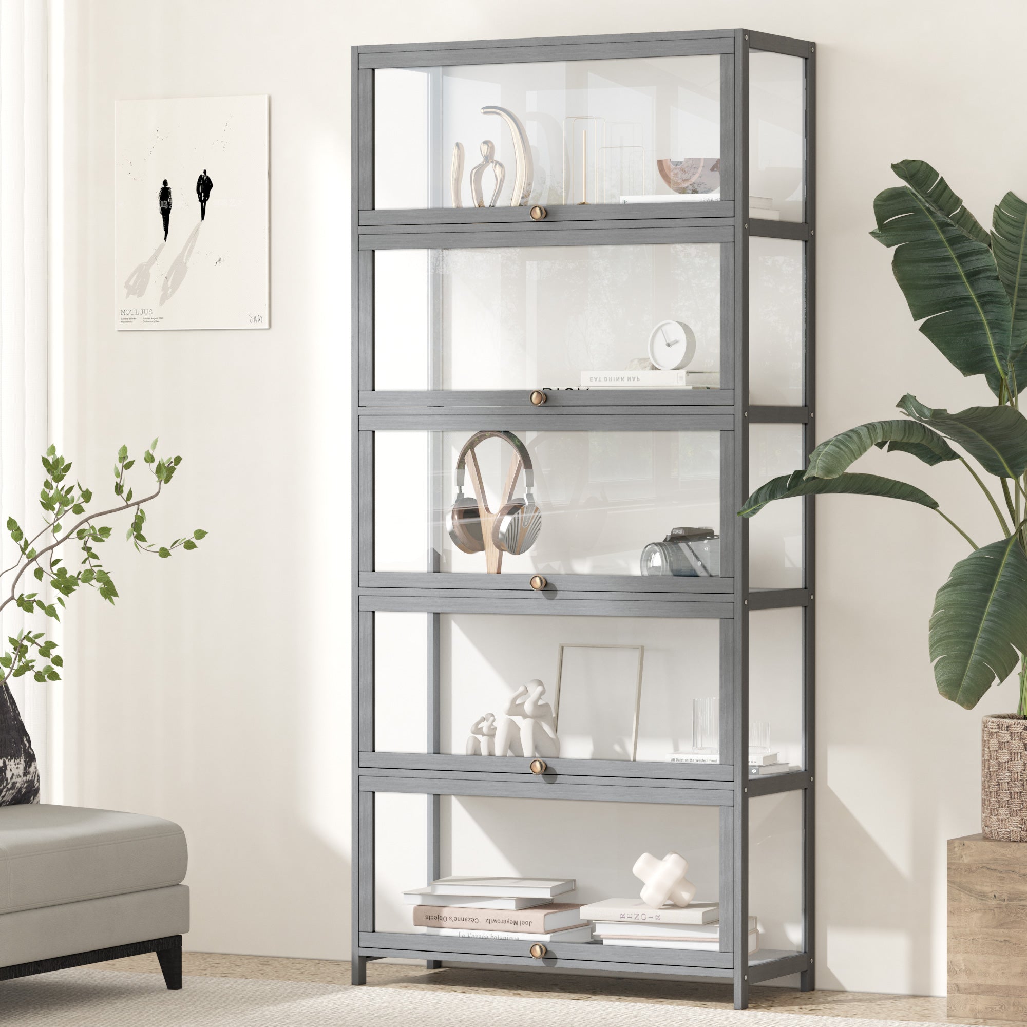 OIKITURE 5 Tier Display Storage Cabinet with Magnetic Closure Door,Hallway Shelves Cabinet for Living Room Dining Room - Sunyee