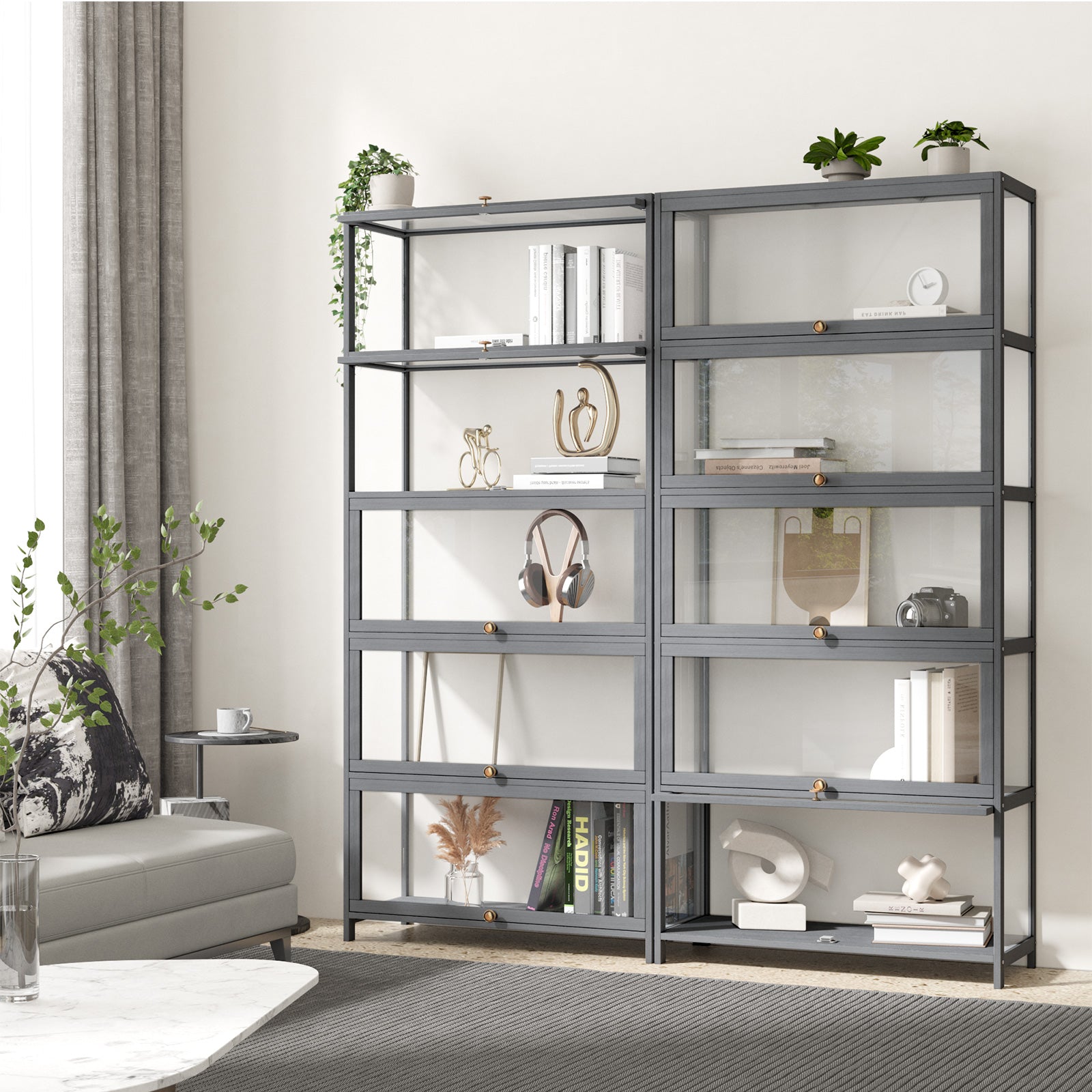 OIKITURE 5 Tier Display Storage Cabinet with Magnetic Closure Door,Hallway Shelves Cabinet for Living Room Dining Room - Sunyee