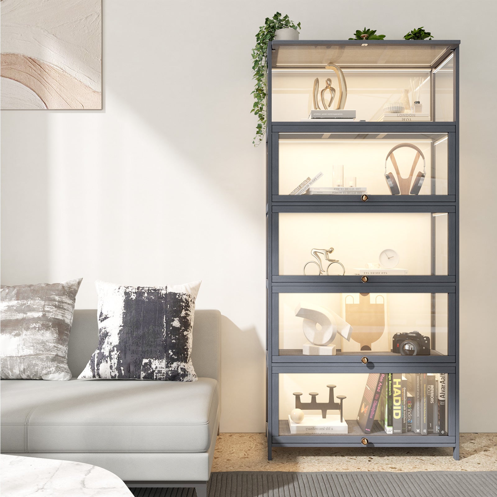 OIKITURE 5 Tier Display Storage Cabinet with Magnetic Closure Door,Hallway Shelves Cabinet for Living Room Dining Room - Sunyee