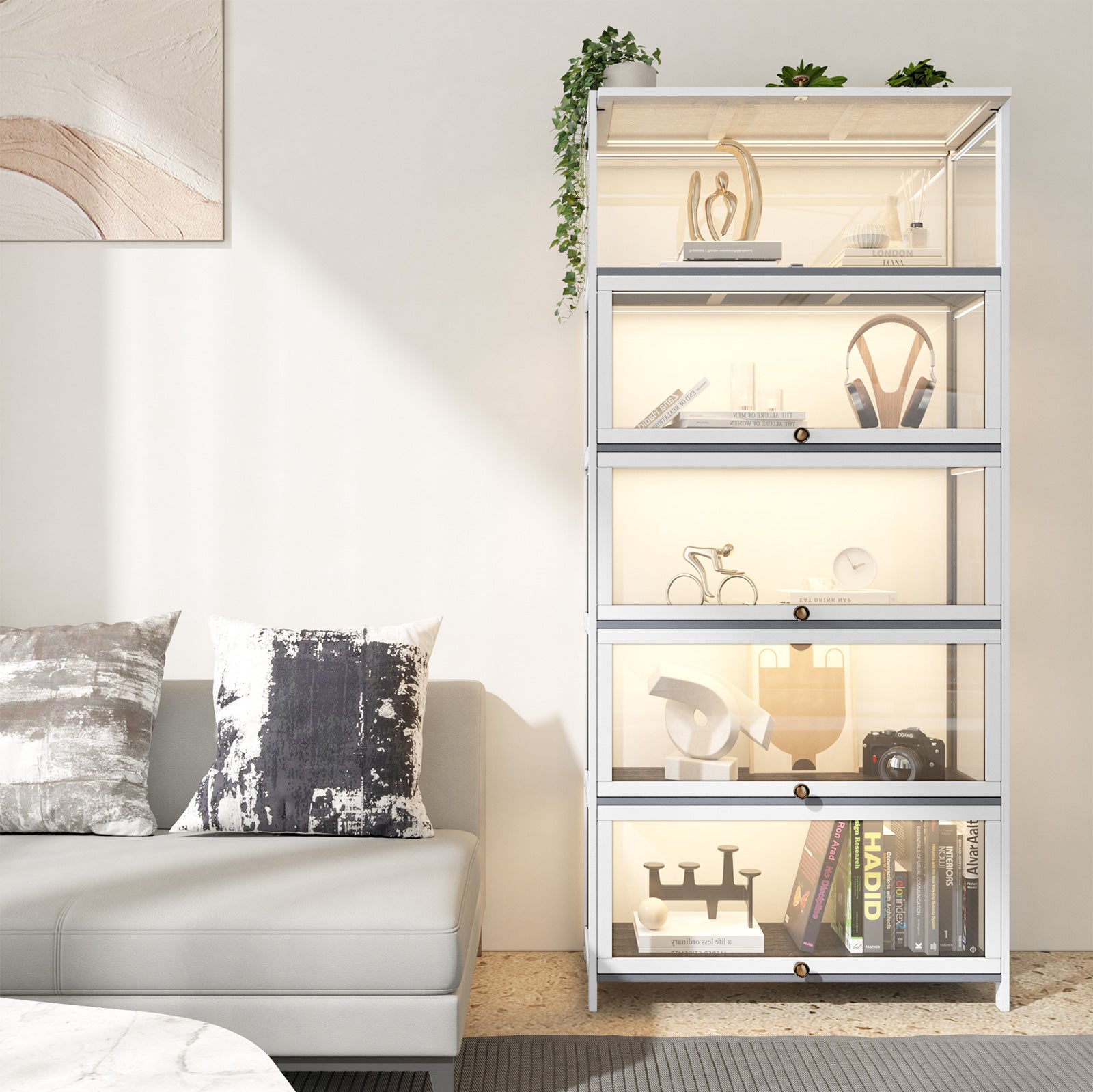 OIKITURE 5 Tier Display Storage Cabinet with Magnetic Closure Clear Door,Hallway Shelves Cabinet for Living Room Dining - Sunyee