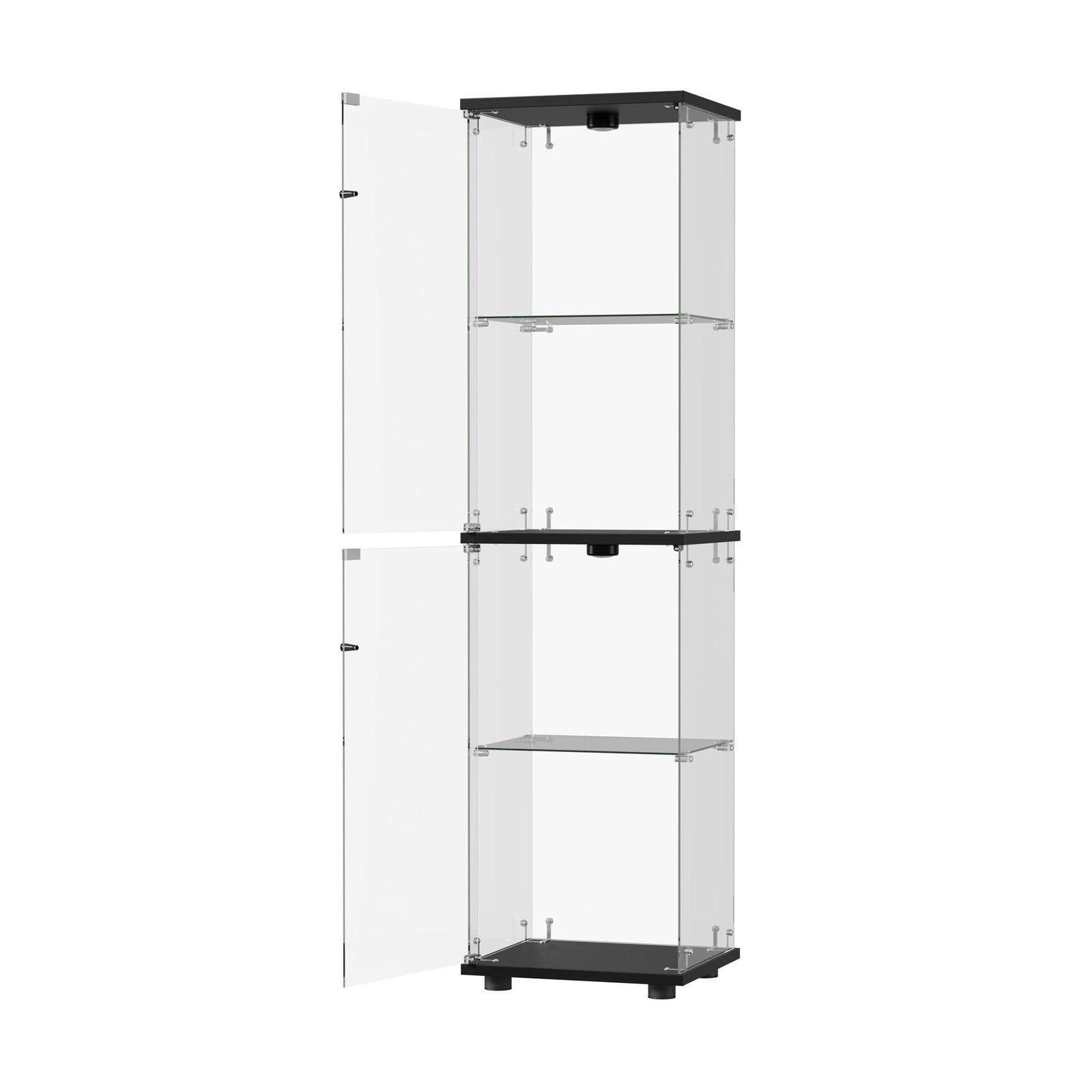 Oikiture Glass Display Cabinet 4-Tier LED Light Bookcase Clear Showcase Black