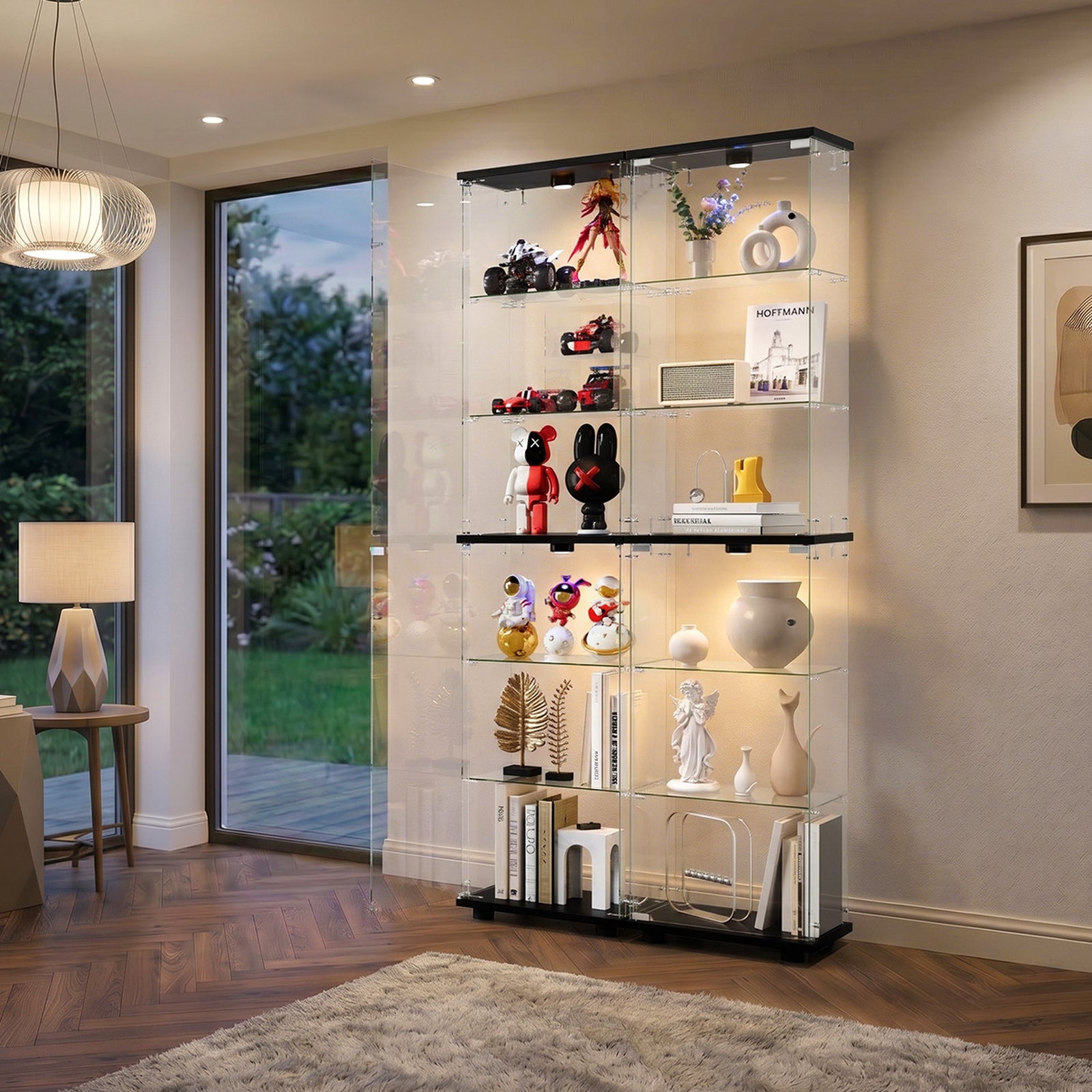 Oikiture Glass Display Cabinet 6-Tier LED Light Bookcase Clear Showcase Black