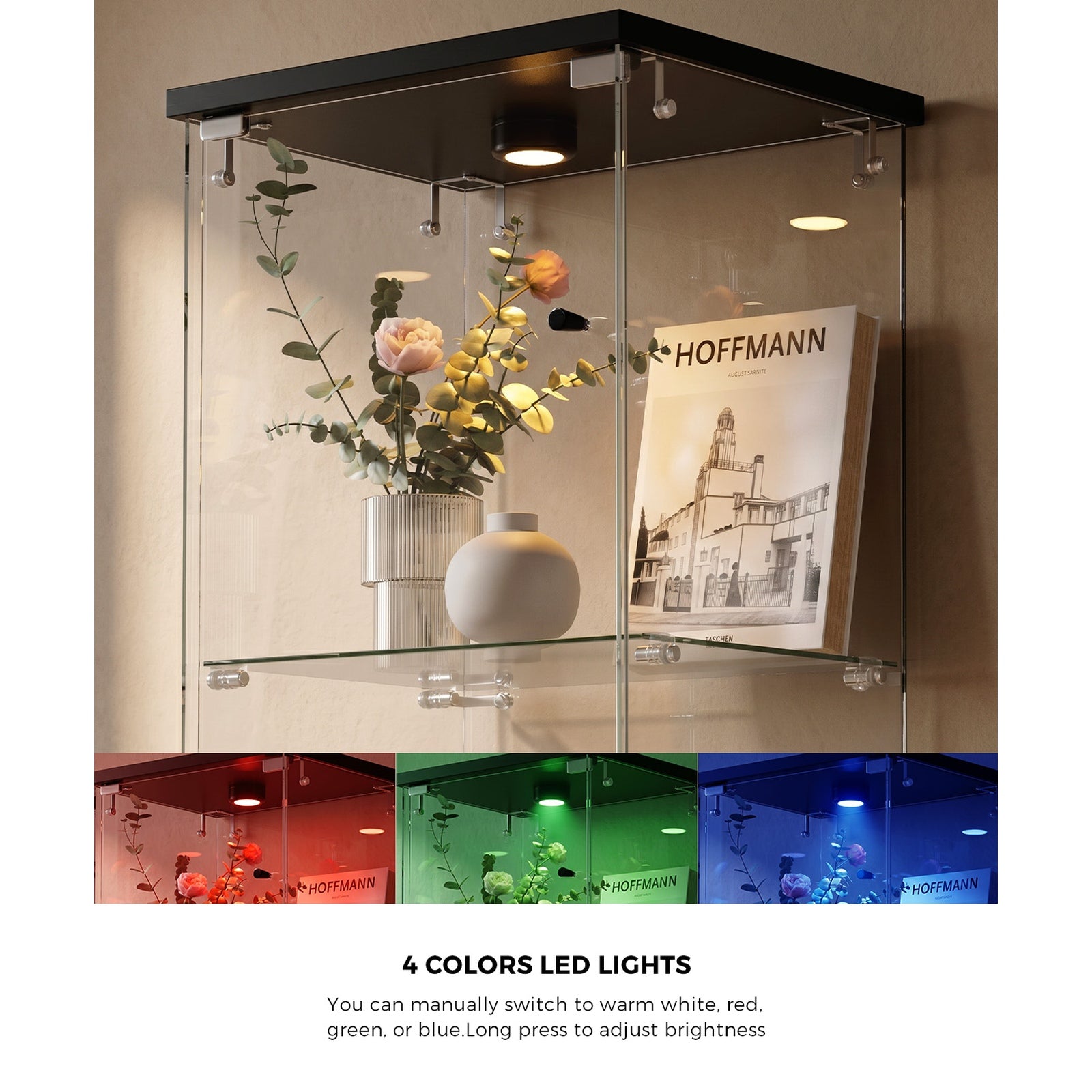 Oikiture Glass Display Cabinet 6-Tier LED Light Bookcase Clear Showcase Black