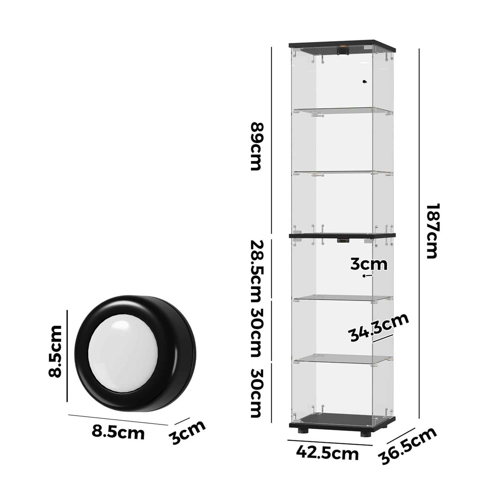 Oikiture Glass Display Cabinet 6-Tier LED Light Bookcase Clear Showcase Black
