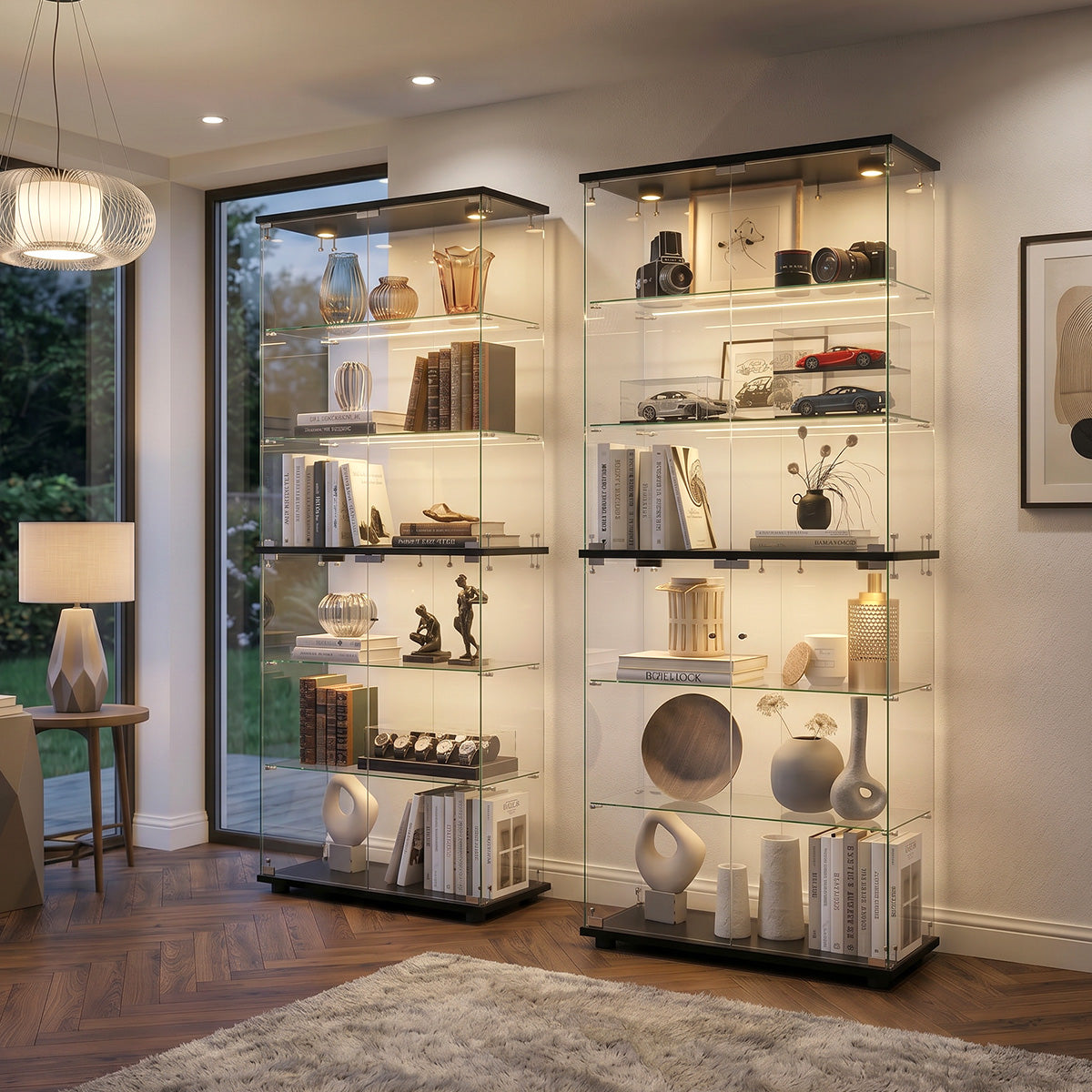 Oikiture Glass Display Cabinet 6-Tier LED Light Bookcase With 2 Doors Black