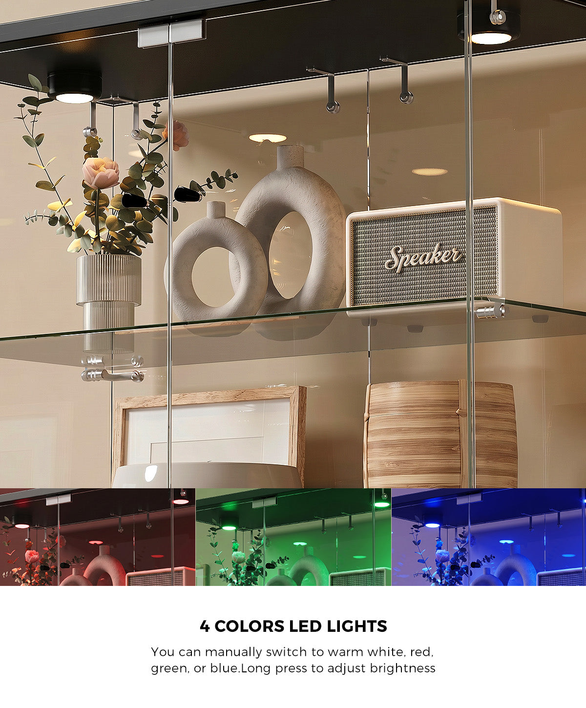 Oikiture Glass Display Cabinet 6-Tier LED Light Bookcase With 2 Doors Black