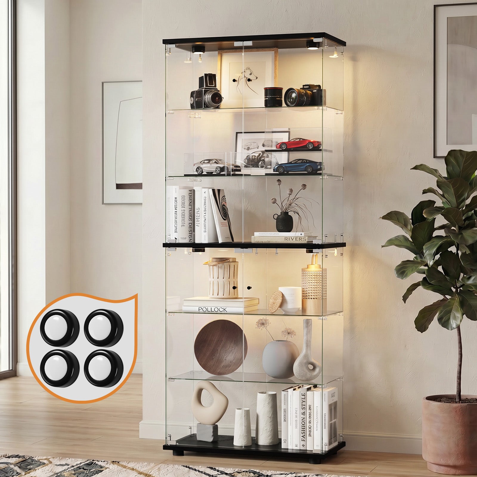 Oikiture Glass Display Cabinet 6-Tier LED Light Bookcase With 2 Doors Black
