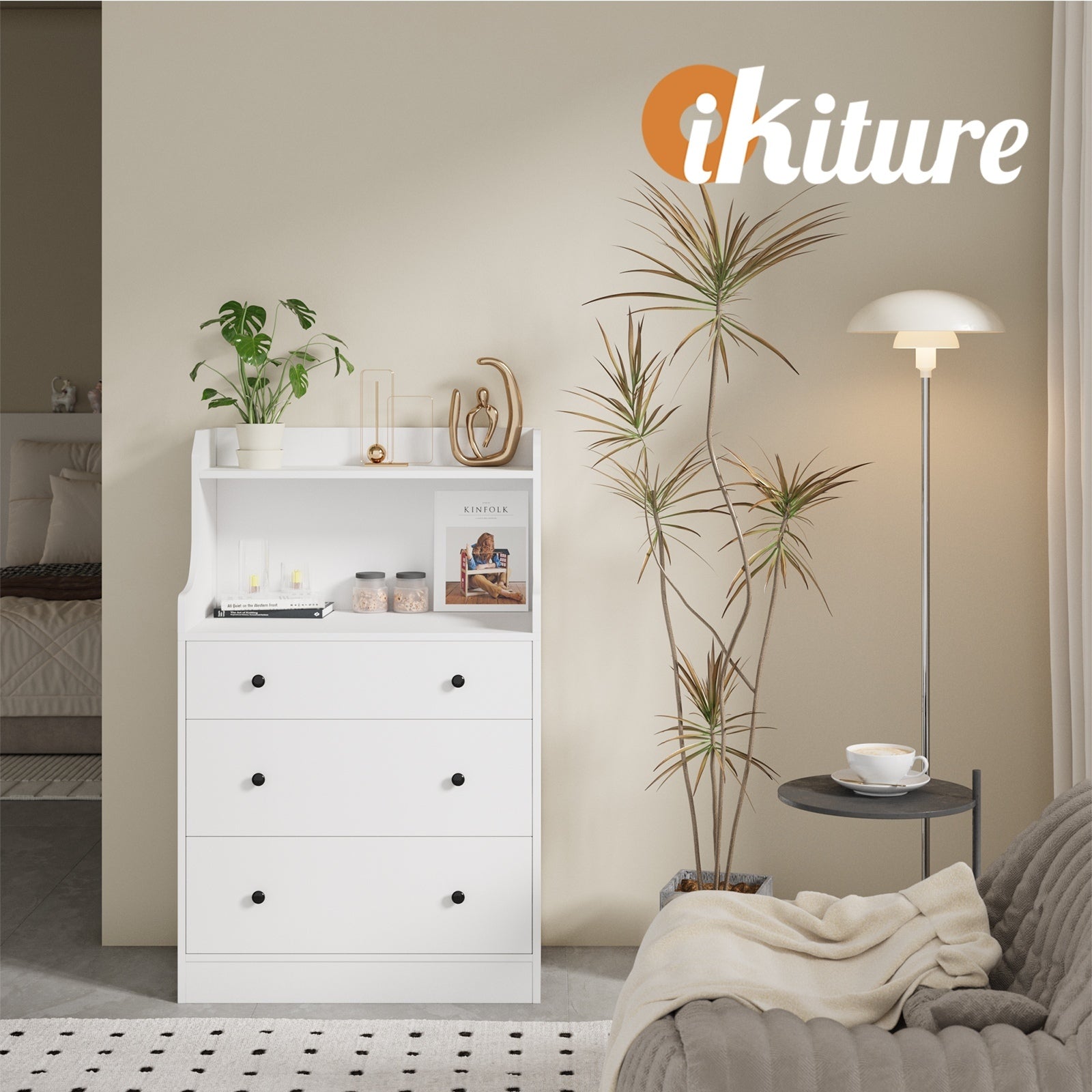 Oikiture Sideboard Buffet Cupboard 3 Chest of Drawers Storage Shelf Table White - Sunyee