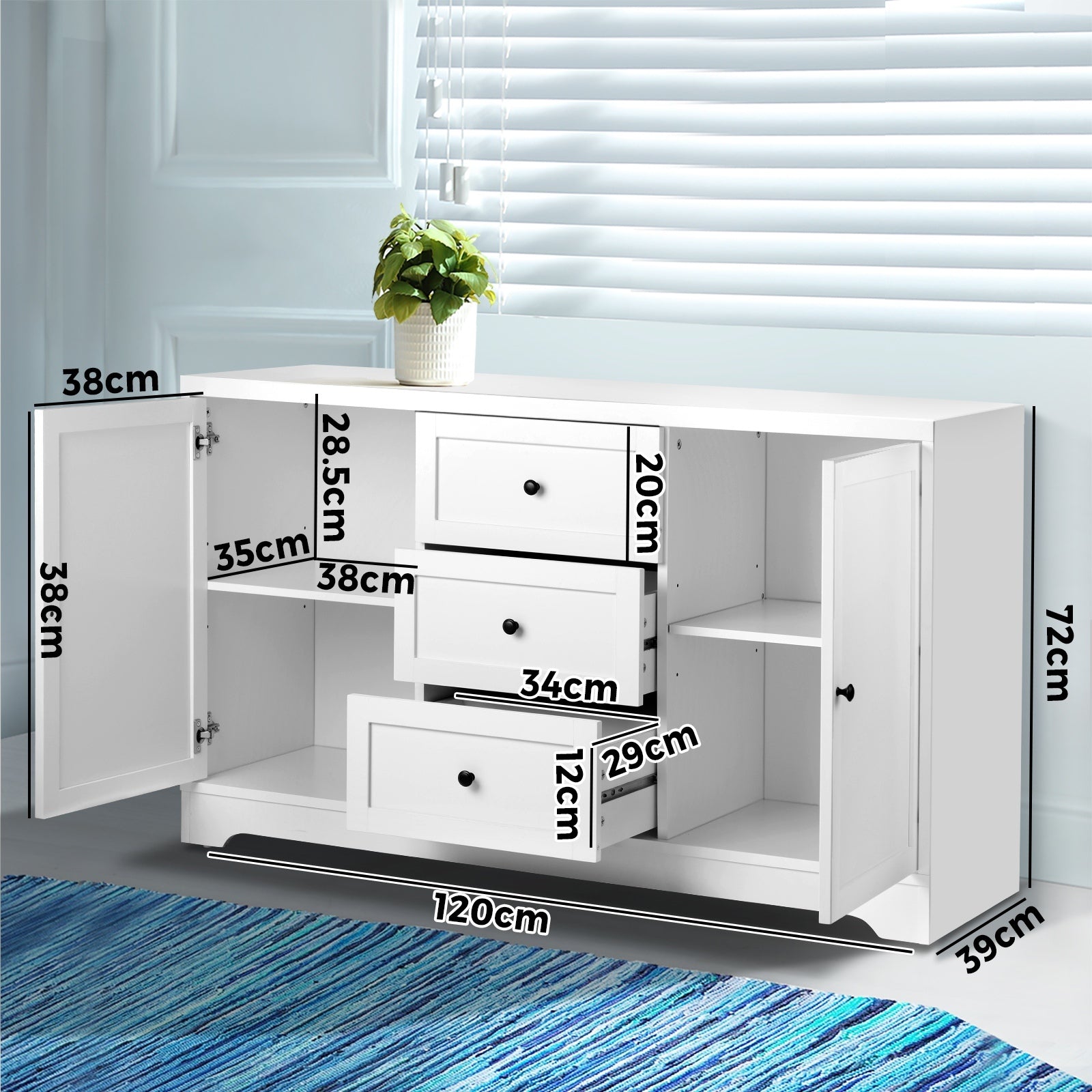 Oikiture Buffet Sideboard Cabinet Storage Cupboard Hallway Hamptons Furniture - Sunyee