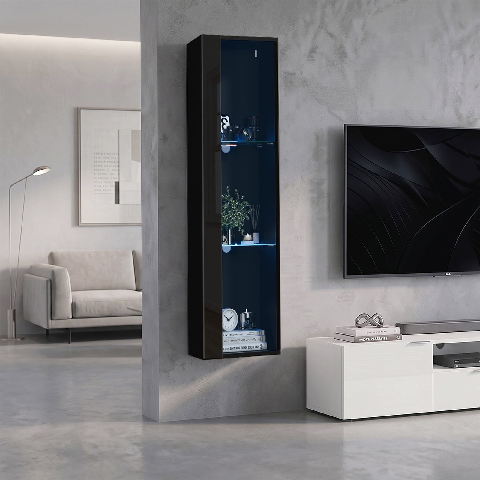 Oikiture Wall Mounted Display Cabinet LED Light High Gloss Cupboard Black