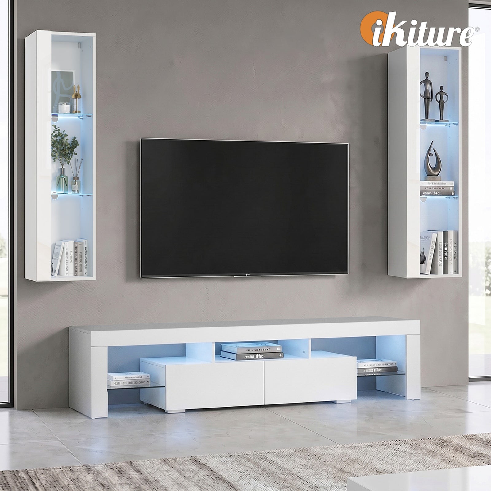 Oikiture 2PCS LED Display Cabinet Wall Mounted Storage Cupboard Cabinet White
