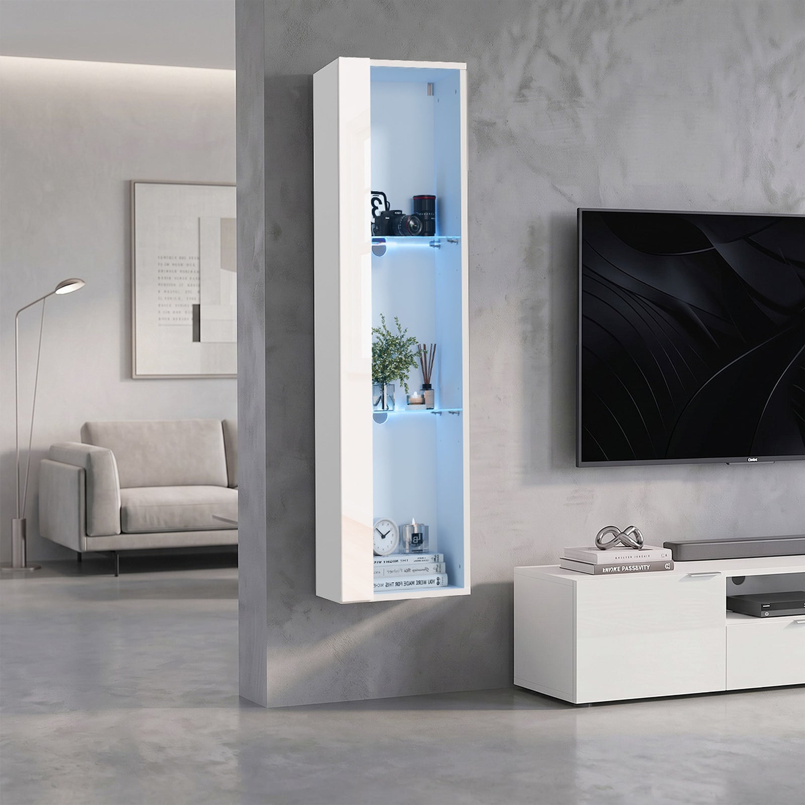 Oikiture Wall Mounted Display Cabinet LED Light High Gloss Cupboard White