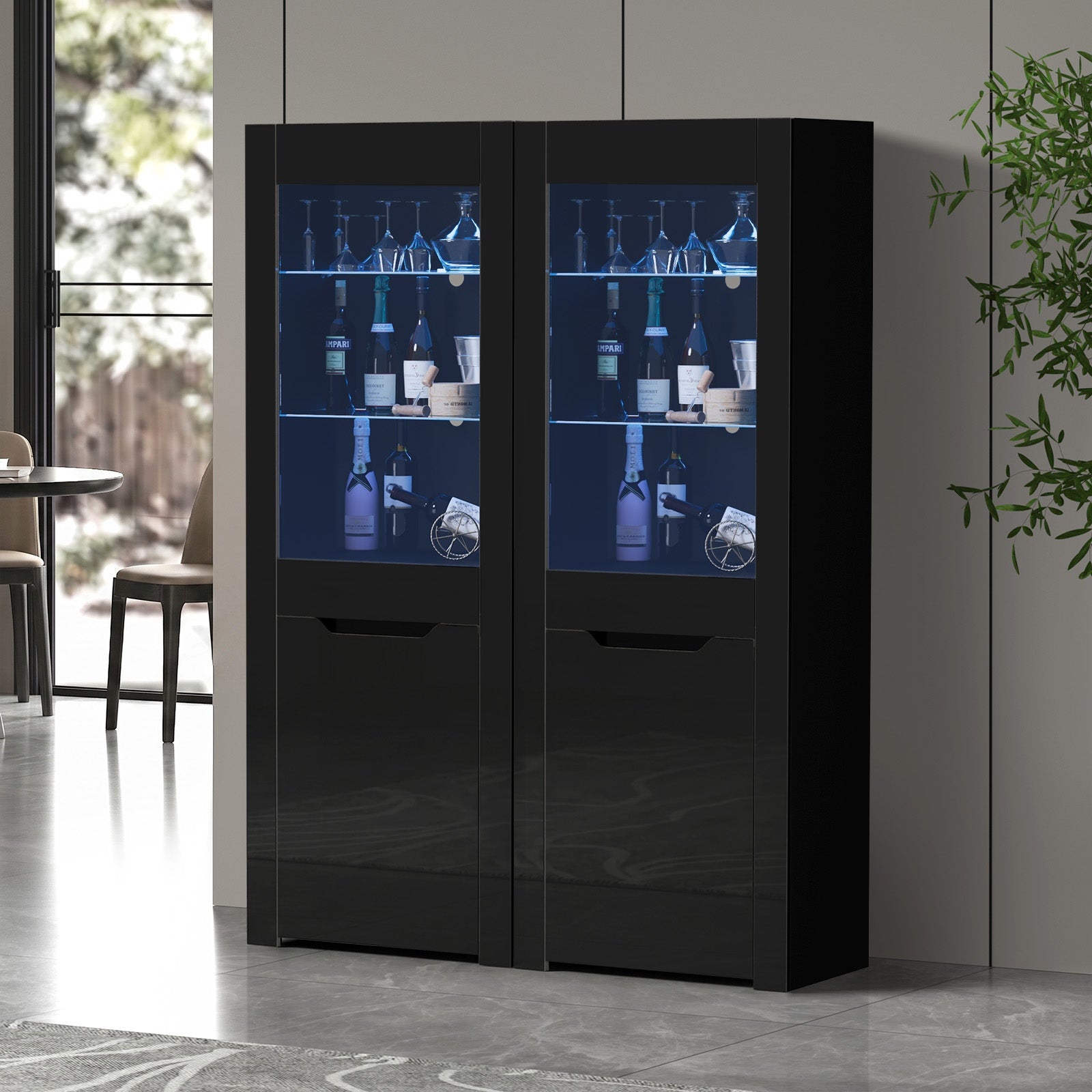 Oikiture 2x LED Display Cabinet Tall Sideboard Buffet High Gloss Cupboard Black