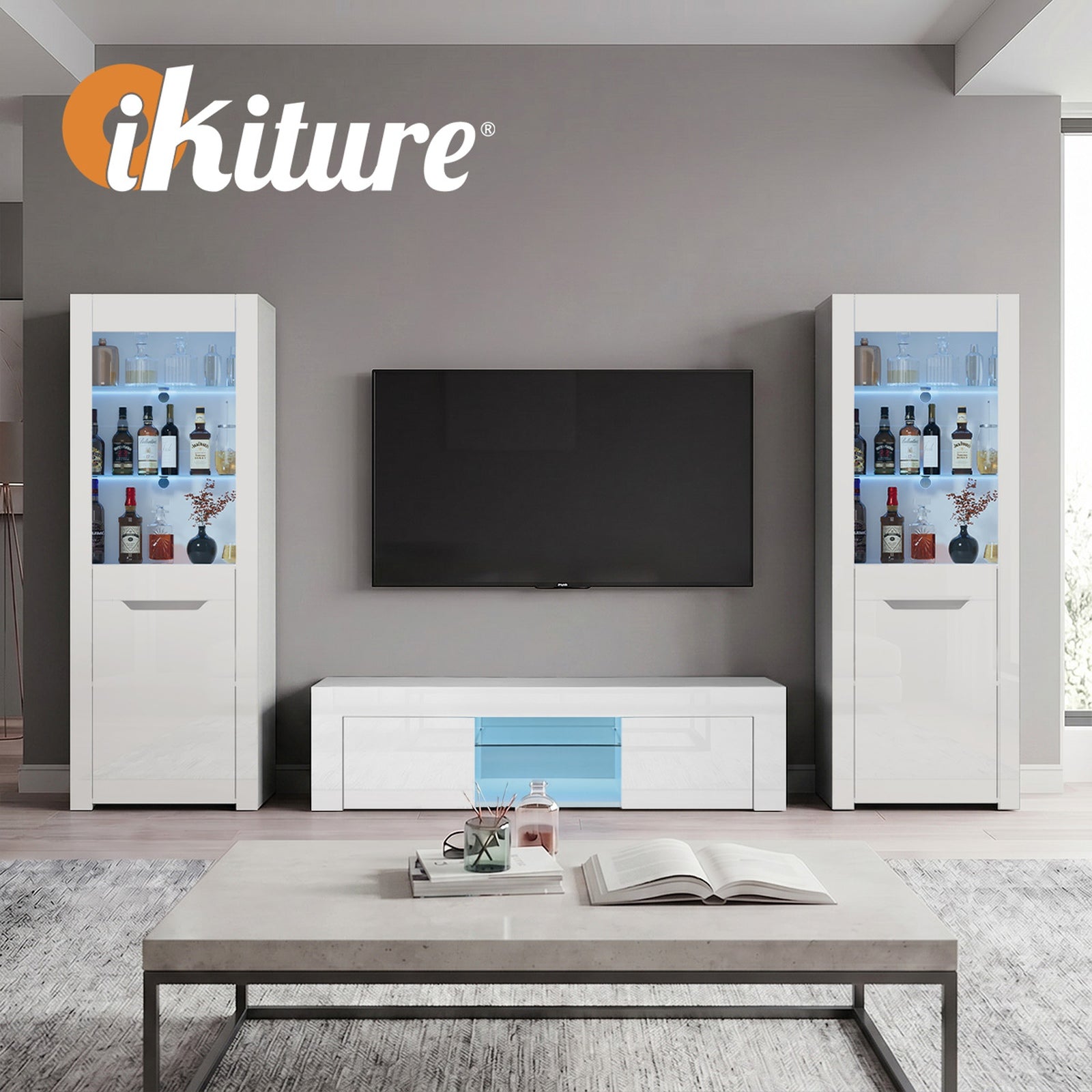 Oikiture 2x LED Display Cabinet Tall Sideboard Buffet High Gloss Cupboard White