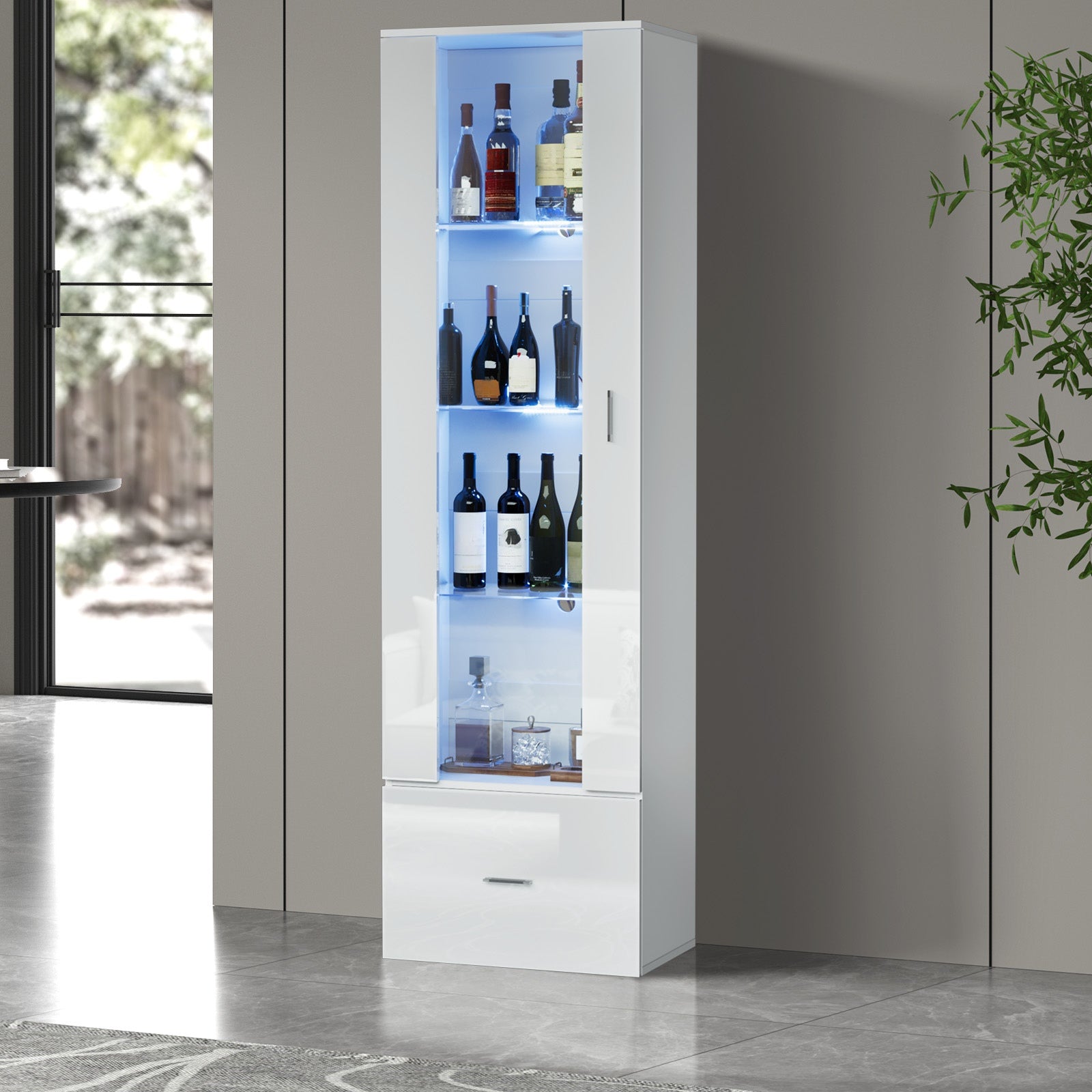 Oikiture Display Cabinet Buffet Sideboard LED Light High Gloss Glass Door White - Sunyee