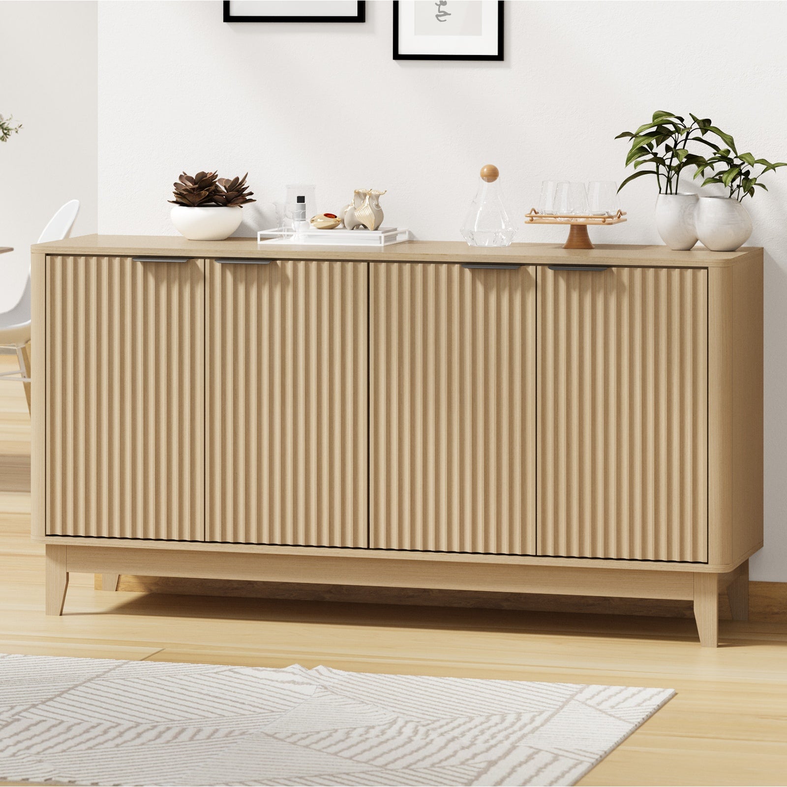 Oikiture Buffet Sideboard Storage Cabinet 4 Doors Cupboard Hallway Table Natural - Sunyee
