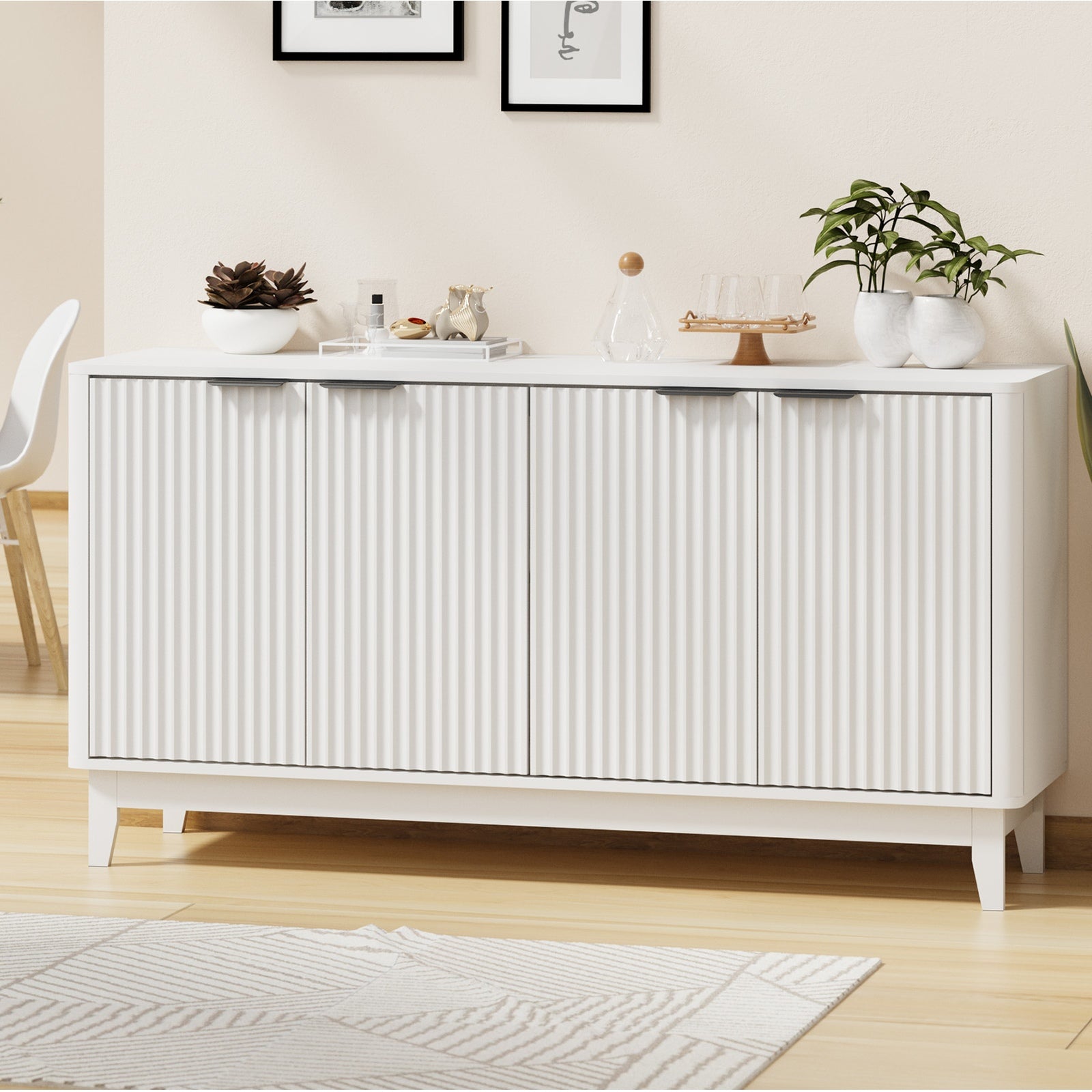 Oikiture Buffet Sideboard Storage Cabinet 4 Doors Cupboard Hallway Table White - Sunyee