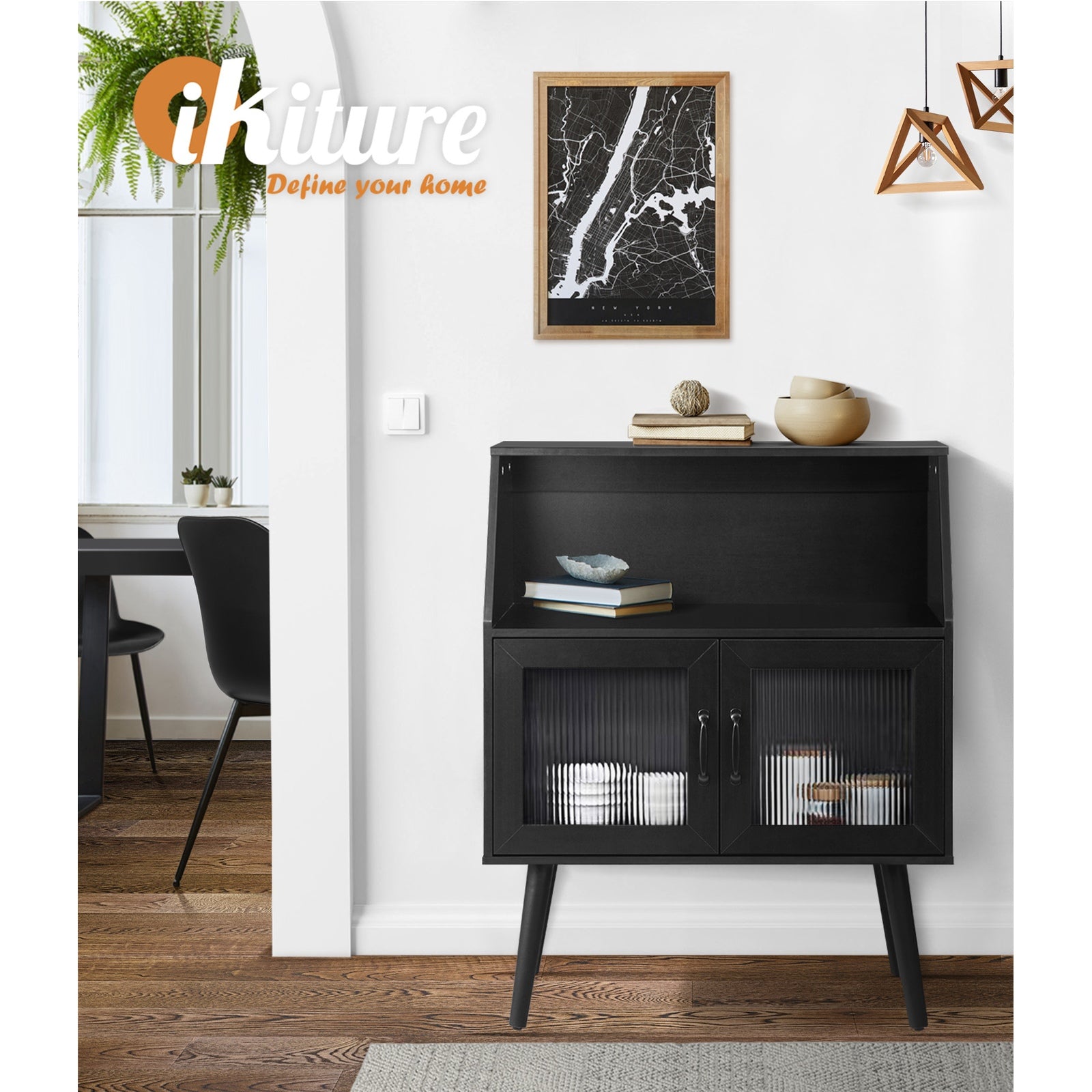 Oikiture Buffet Sideboard Storage Cabinet Kitchen Cupboard Hallway Table Black - Sunyee