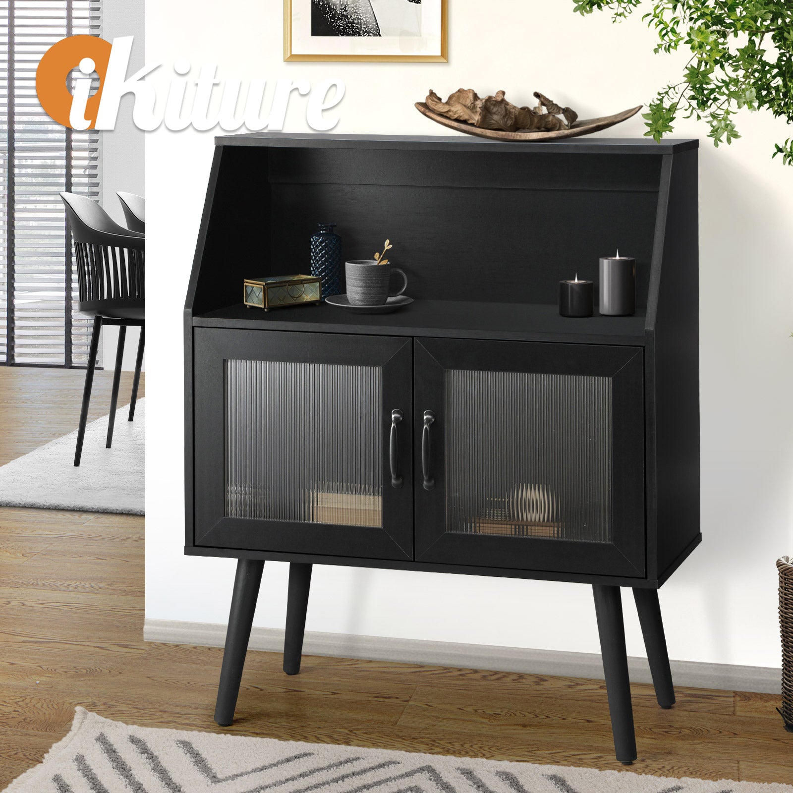 Oikiture Buffet Sideboard Storage Cabinet Kitchen Cupboard Hallway Table Black - Sunyee